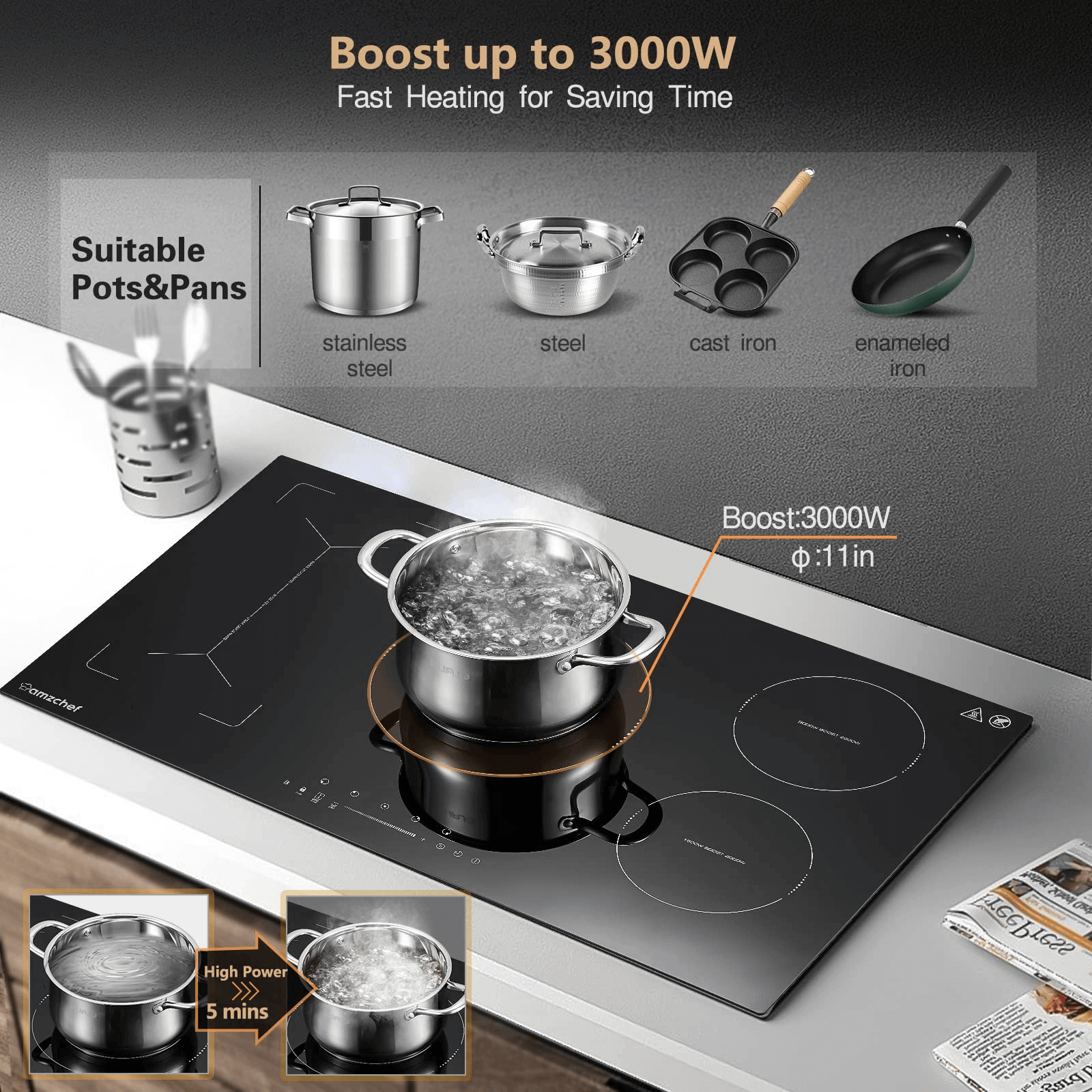 AMZCHEF 36 Inch Built-in Induction Cooktop 5 Boost Burner Including Flexi Zone