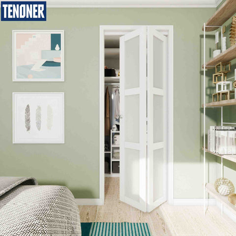TENONER 30 in x 80 in Three Frosted Glass Panel Bi-Fold Interior Door for Closet, with MDF & Water-Proof PVC Covering