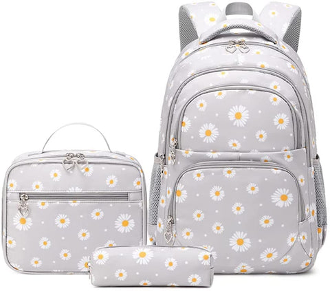 Daisy-Print Girls Schoolbag Backpack 3Pcs Students Bookbag with Lunch Bag Pencil Case for Kids Teens