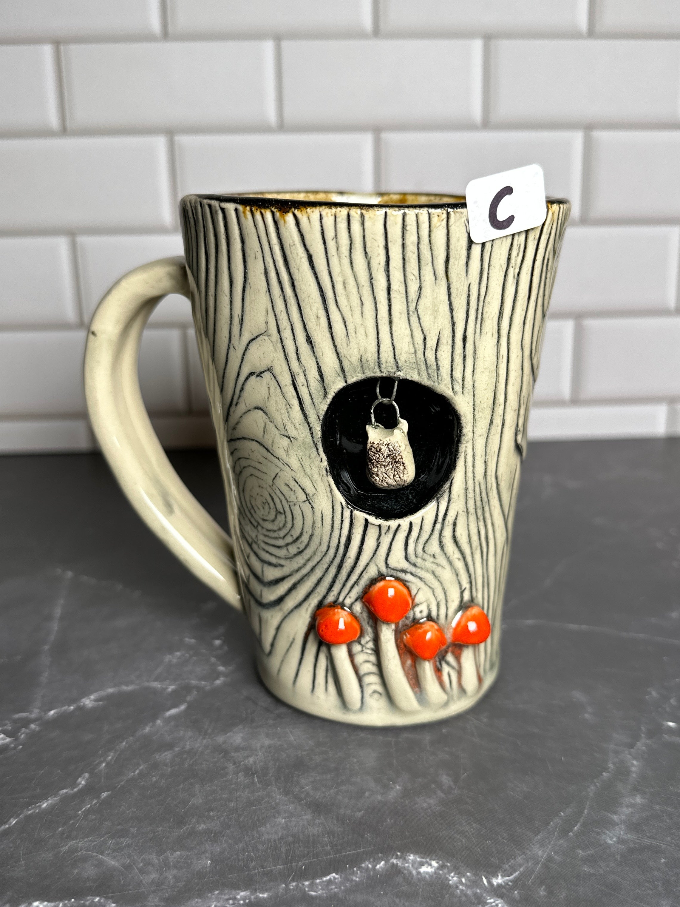  Mushroom Wood grain Ceramic Mug With Owl | C 