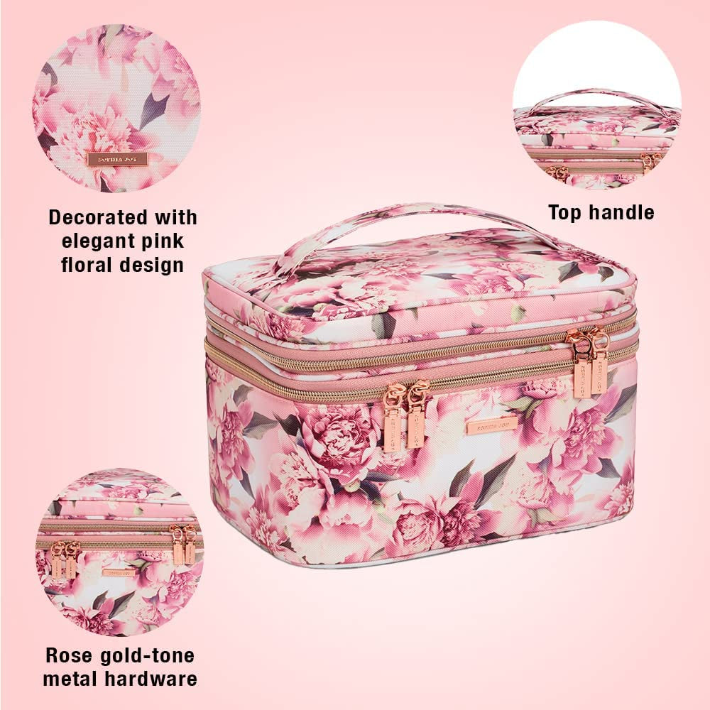 Conair Travel Makeup Bag, Large Toiletry and Cosmetic Bag, Perfect Size for Use at Home or Travel, Train Case Shape in Pink Floral Print