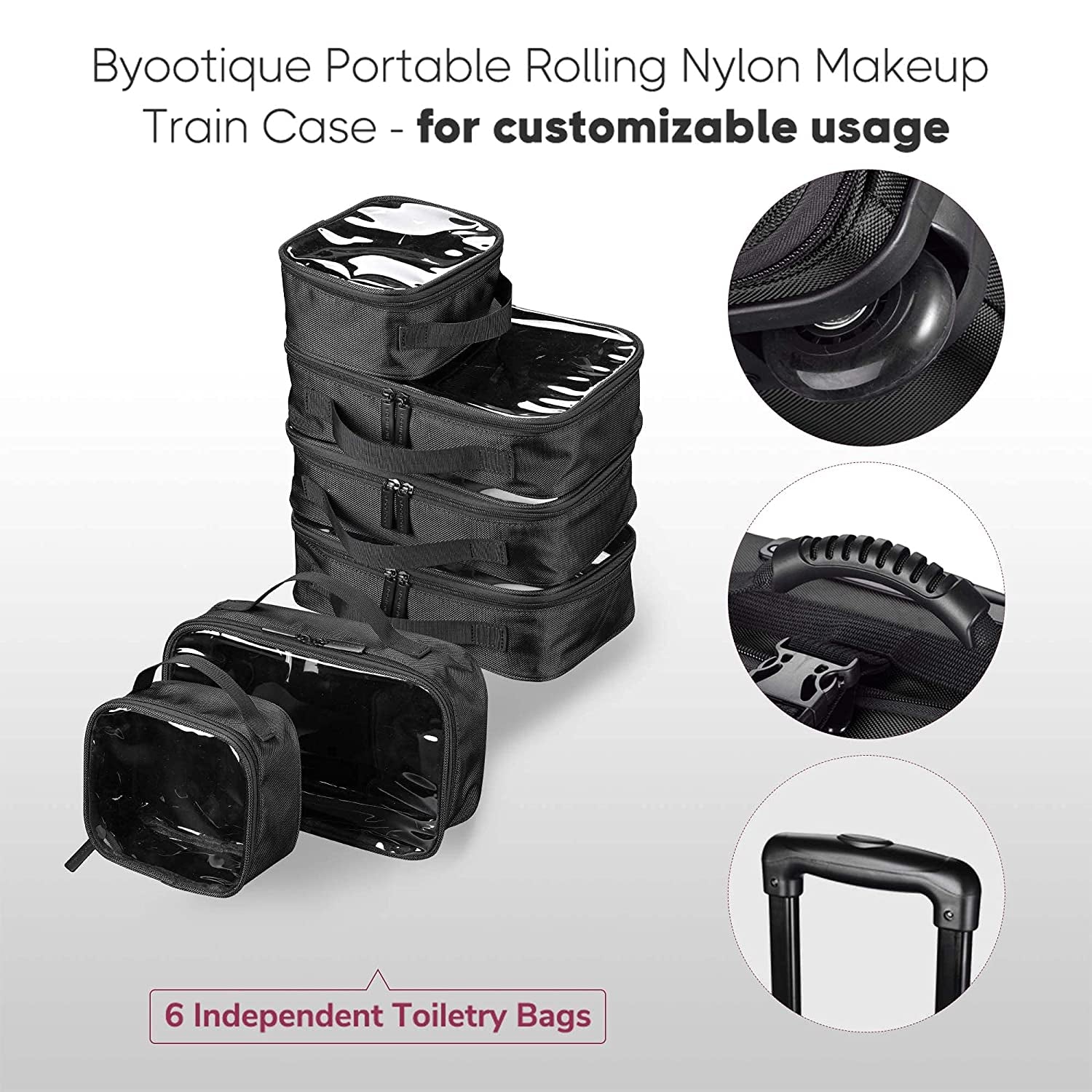 BYOOTIQUE Rolling Makeup Train Case Soft Sided Makeup Storage Cosmetic Organizer Carry on Travel with Side Pocket Removable Bag
