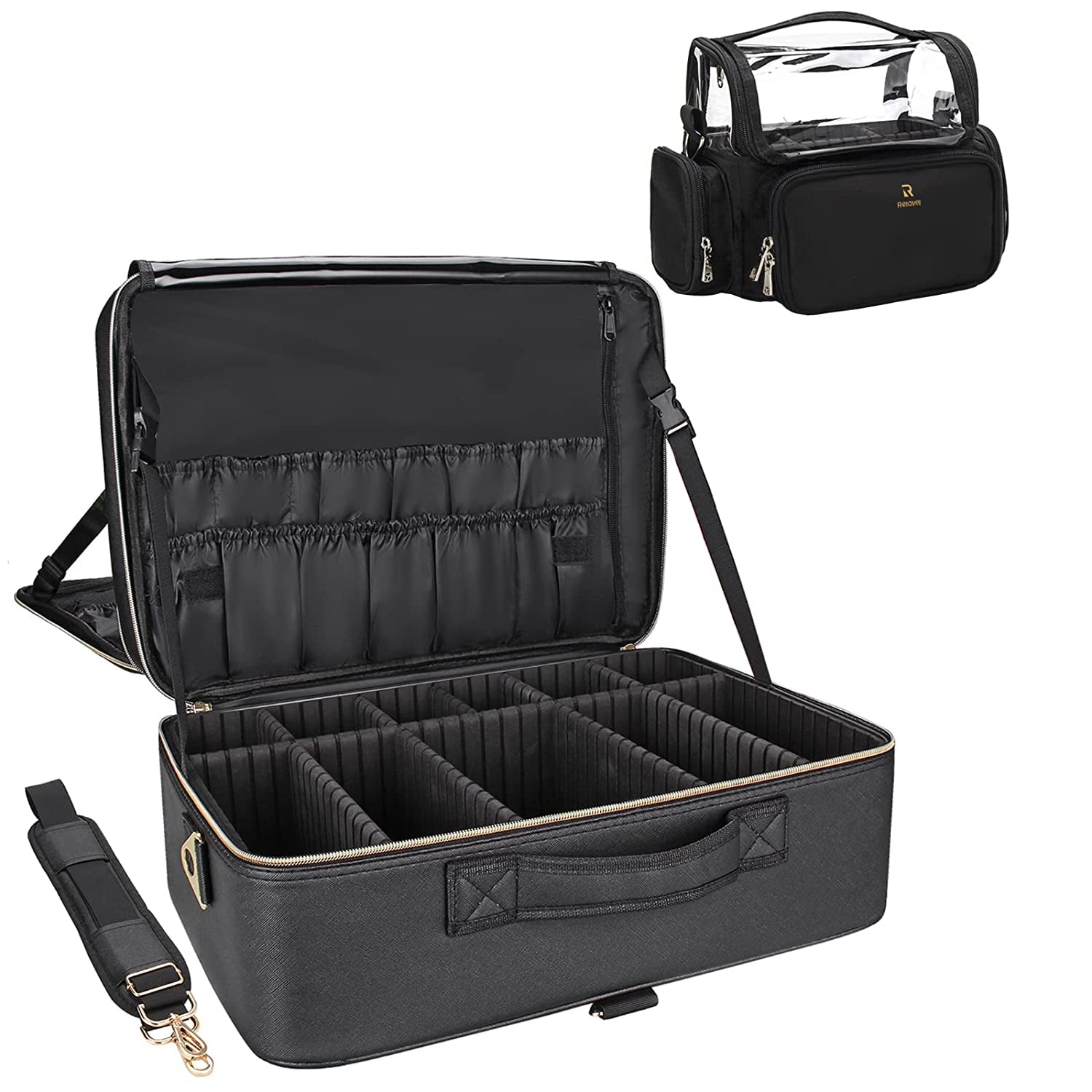 Relavel Extra Large Makeup Bag, Makeup Case Professional Makeup Artist Kit Train Case Travel Cosmetic Bag Brush Organizer, Waterproof Leather Material (Black with Black Brush Case, Extra Large)