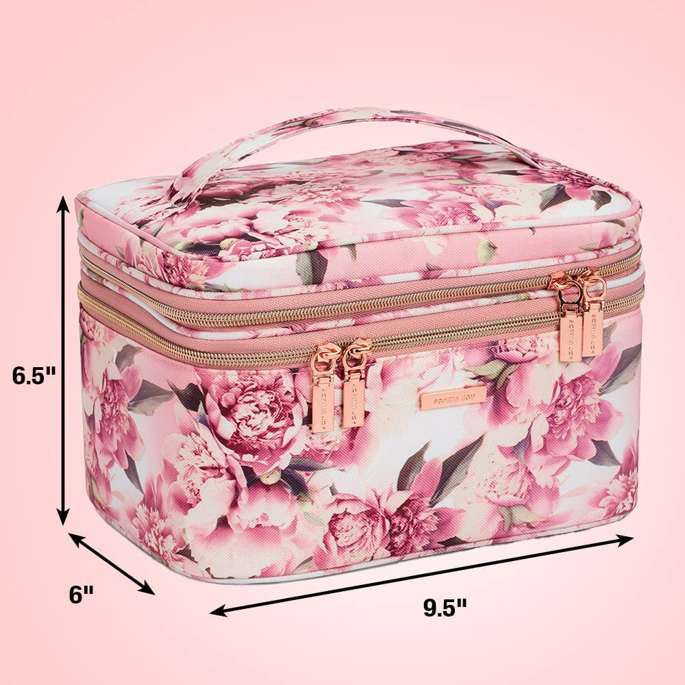 Conair Travel Makeup Bag, Large Toiletry and Cosmetic Bag, Perfect Size for Use at Home or Travel, Train Case Shape in Pink Floral Print