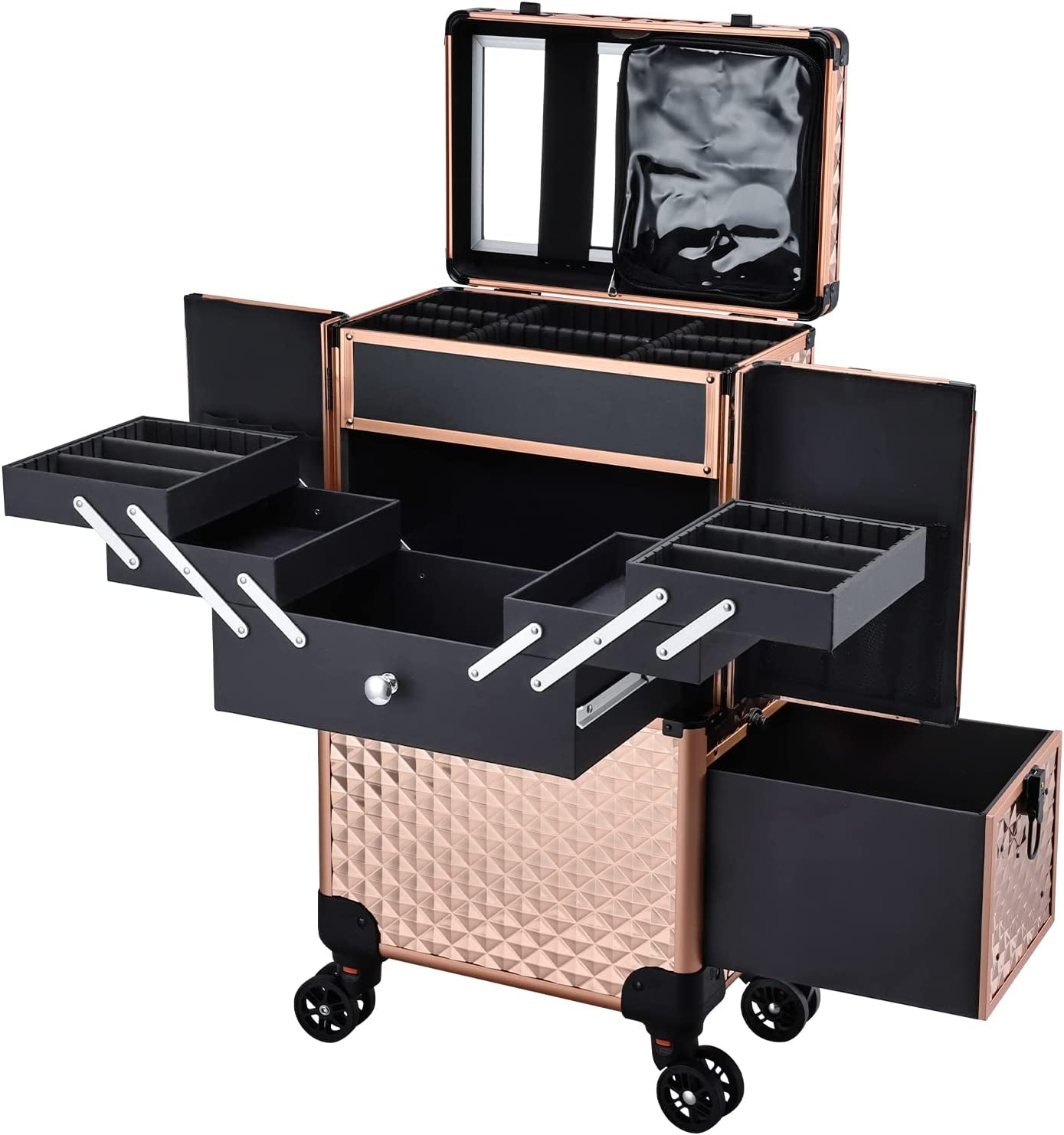 Adazzo Professional Makeup Artist Rolling Train Case Multi-Functional Cosmetic Train Case Large Trolley Storage Case for Nail Technicians Cosmetology Case for Hairstylist (Shiny Rose Gold)