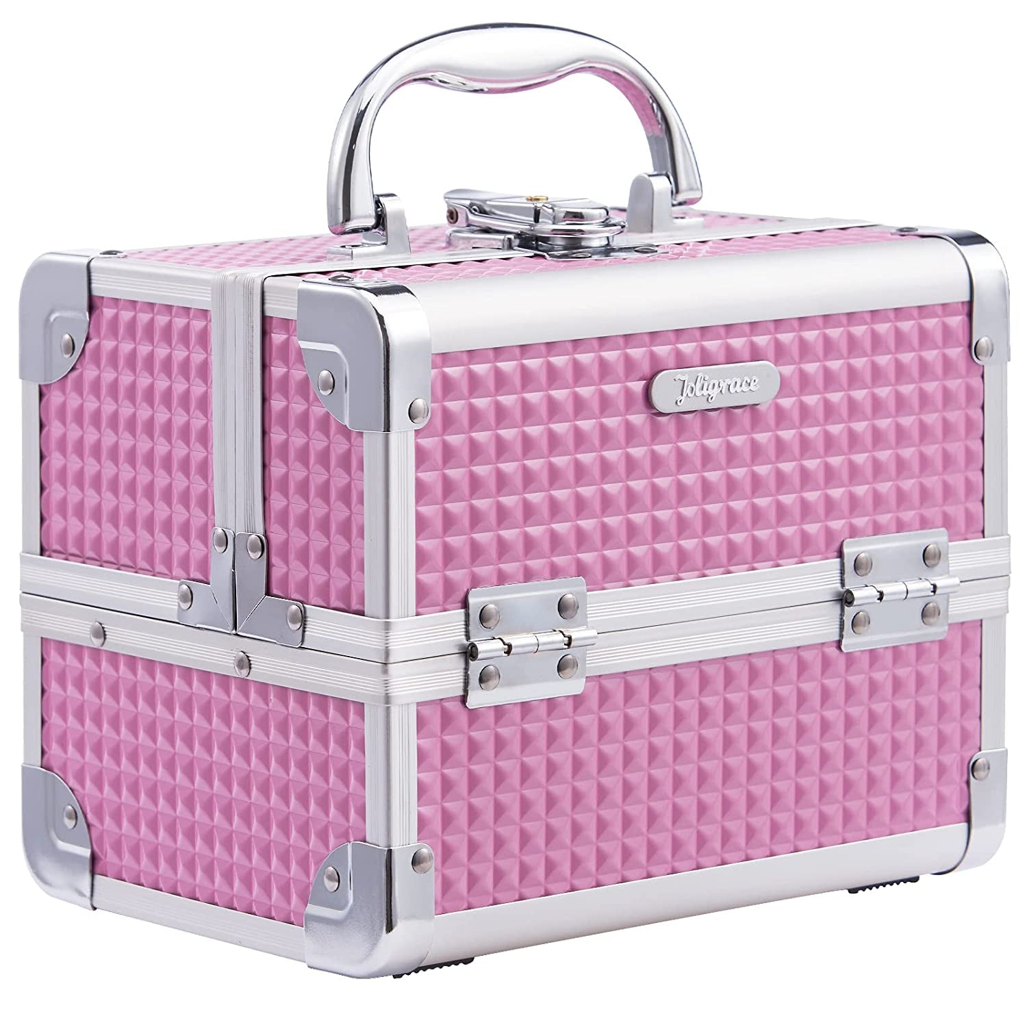 Joligrace Makeup Train Case Portable Cosmetic Box Jewelry Organizer Lockable with Keys and Mirror 2-Tier Trays Carrying with Handle Makeup Storage Box - Pink