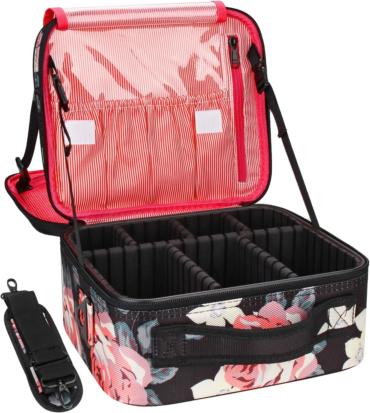 Relavel Travel Makeup Bag 2 Layer Heighten Makeup Train Case Cosmetic Storage and Organizer Box Portable Makeup Carrying Case with Shoulder Strap and Adjustable Dividers (Peony Pattern)