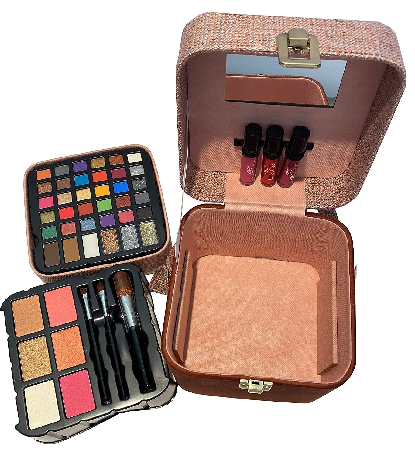 BR Carry All Trunk Train Case with Makeup and Reusable Case Makeup Gift Set (Pink-Neutral Tone)