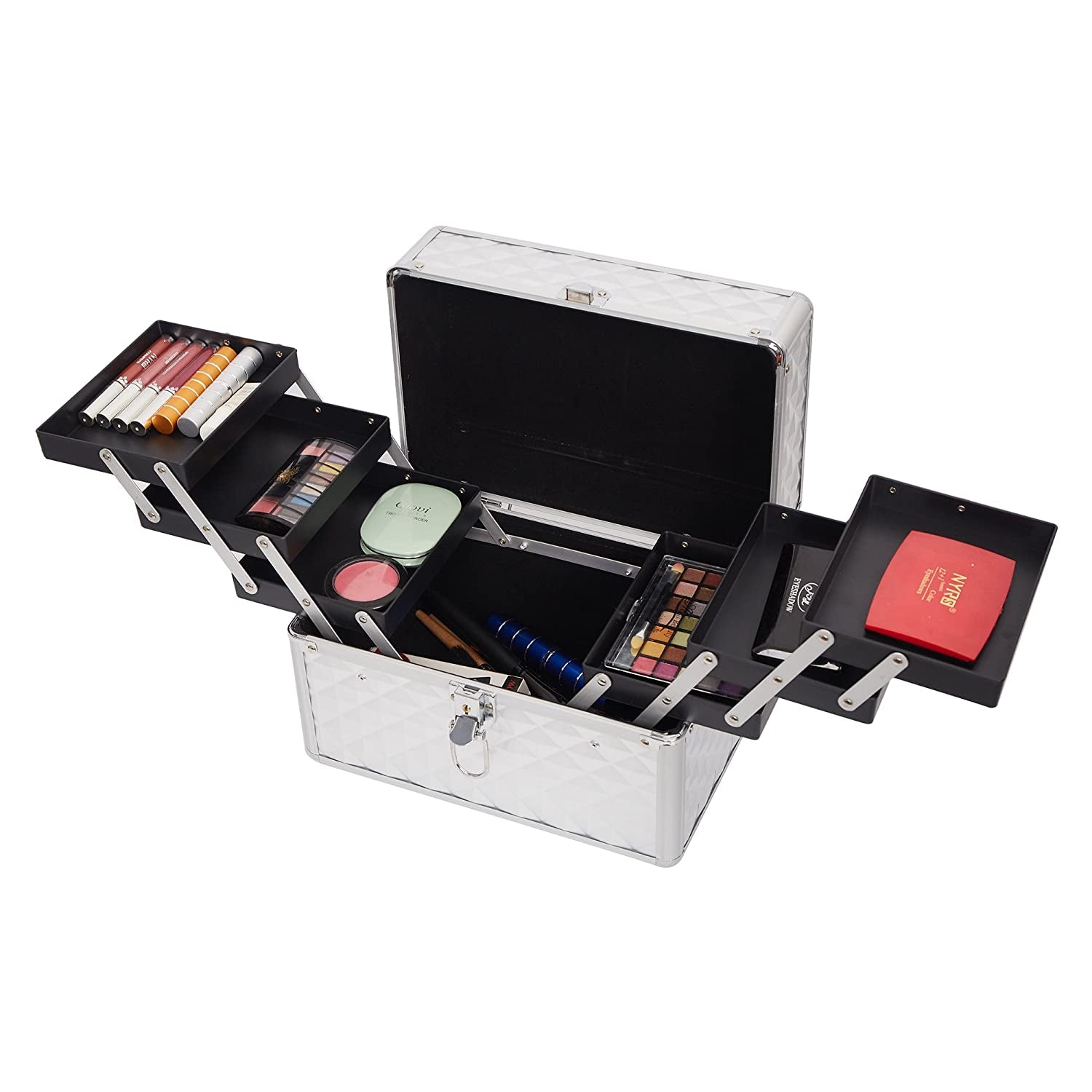 Dporticus Professional Makeup Train Case with 6 Sliding Trays Portable Cosmetic Box Storage Organizer Aluminum Design