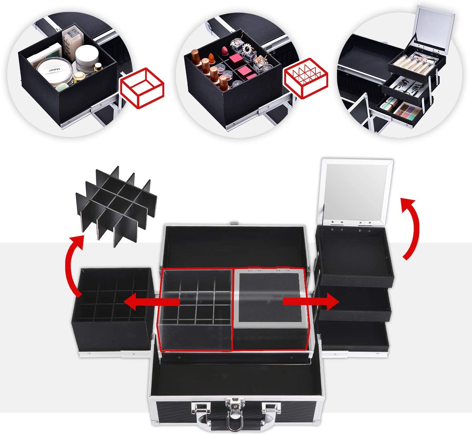 Joligrace Makeup Train Case Organizer Box Professional Multi-Purpose Cosmetic Storage with Sliding Trays, Polish Slots & Mirror, Portable Lockable with Keys, Large Black