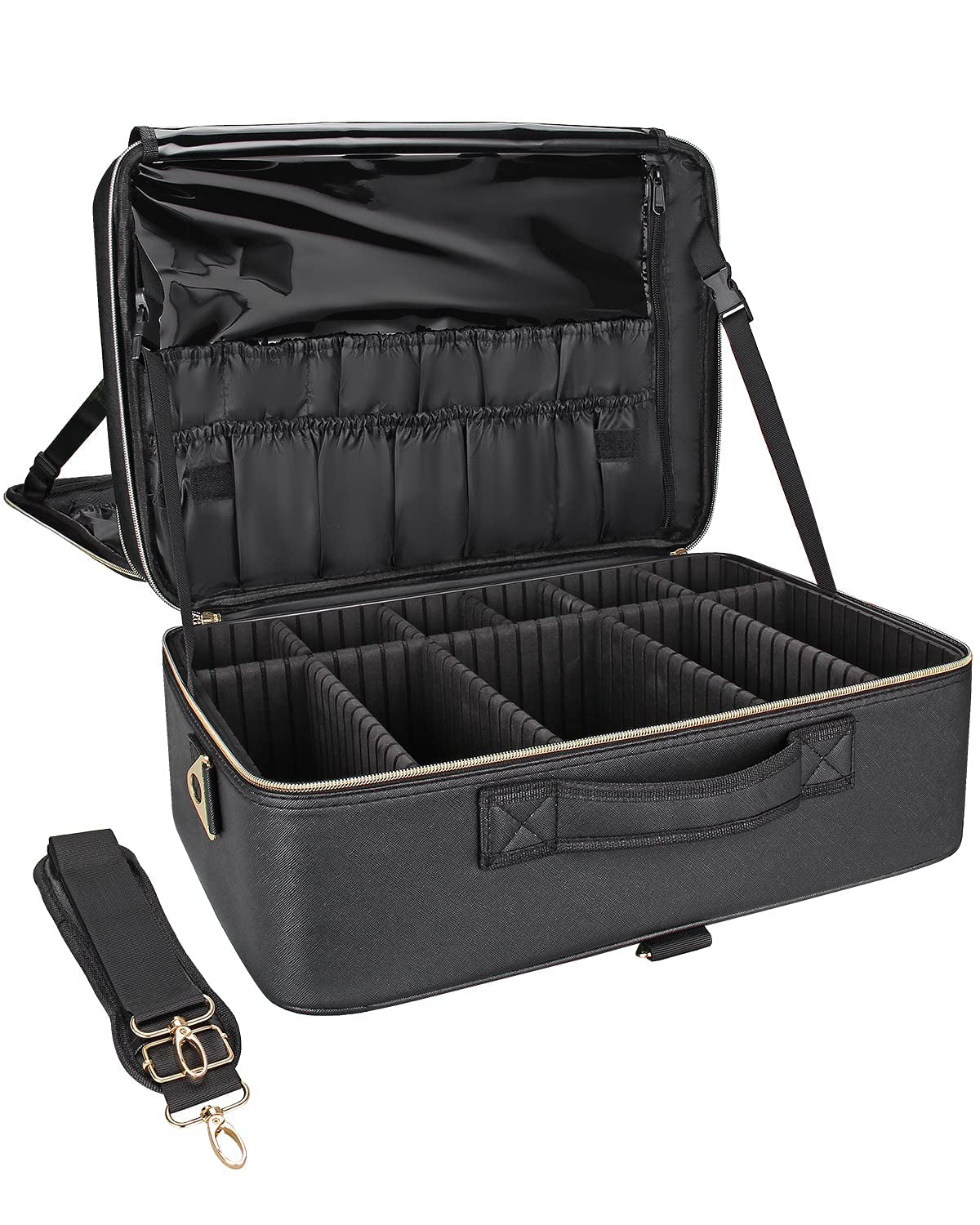 Relavel Extra Large Makeup Bag, Makeup Case Professional Makeup Artist Kit Train Case Travel Cosmetic Bag Brush Organizer, Waterproof Leather Material (Black with Black Brush Case, Extra Large)