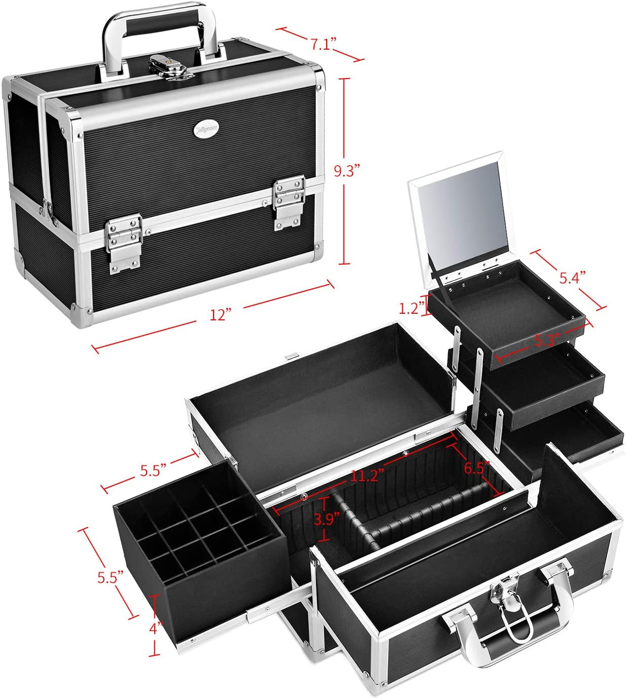 Joligrace Makeup Train Case Organizer Box Professional Multi-Purpose Cosmetic Storage with Sliding Trays, Polish Slots & Mirror, Portable Lockable with Keys, Large Black