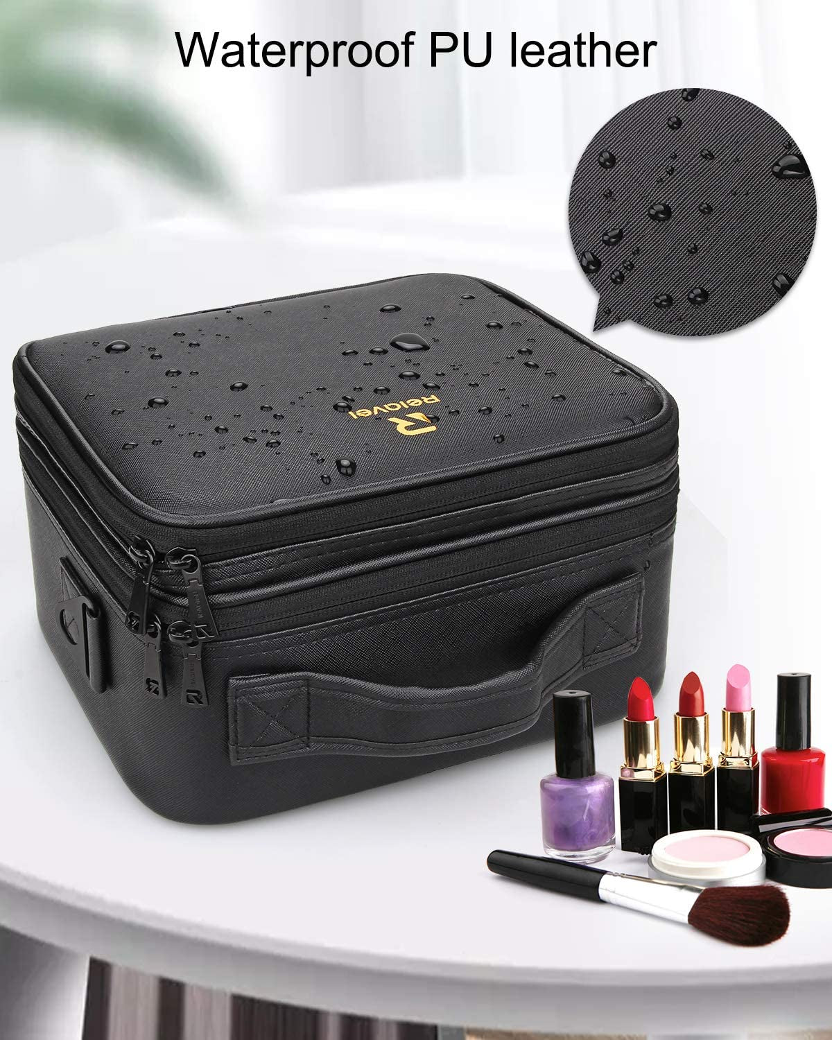 Relavel Makeup Organizer Bag, Makeup Case Leather Travel Makeup Bag 2 Layers Train Case Large Cosmetic Case Portable with Adjustable Dividers Makeup Brushes Holder Storage Box (Small Black)