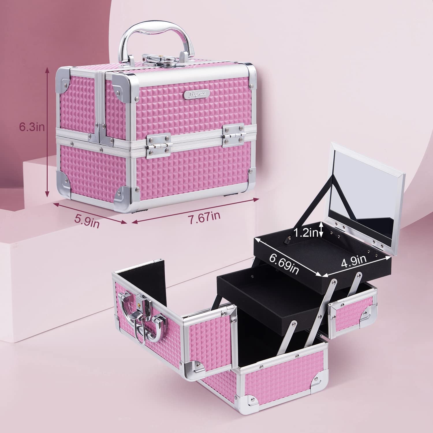 Joligrace Makeup Train Case Portable Cosmetic Box Jewelry Organizer Lockable with Keys and Mirror 2-Tier Trays Carrying with Handle Makeup Storage Box - Pink