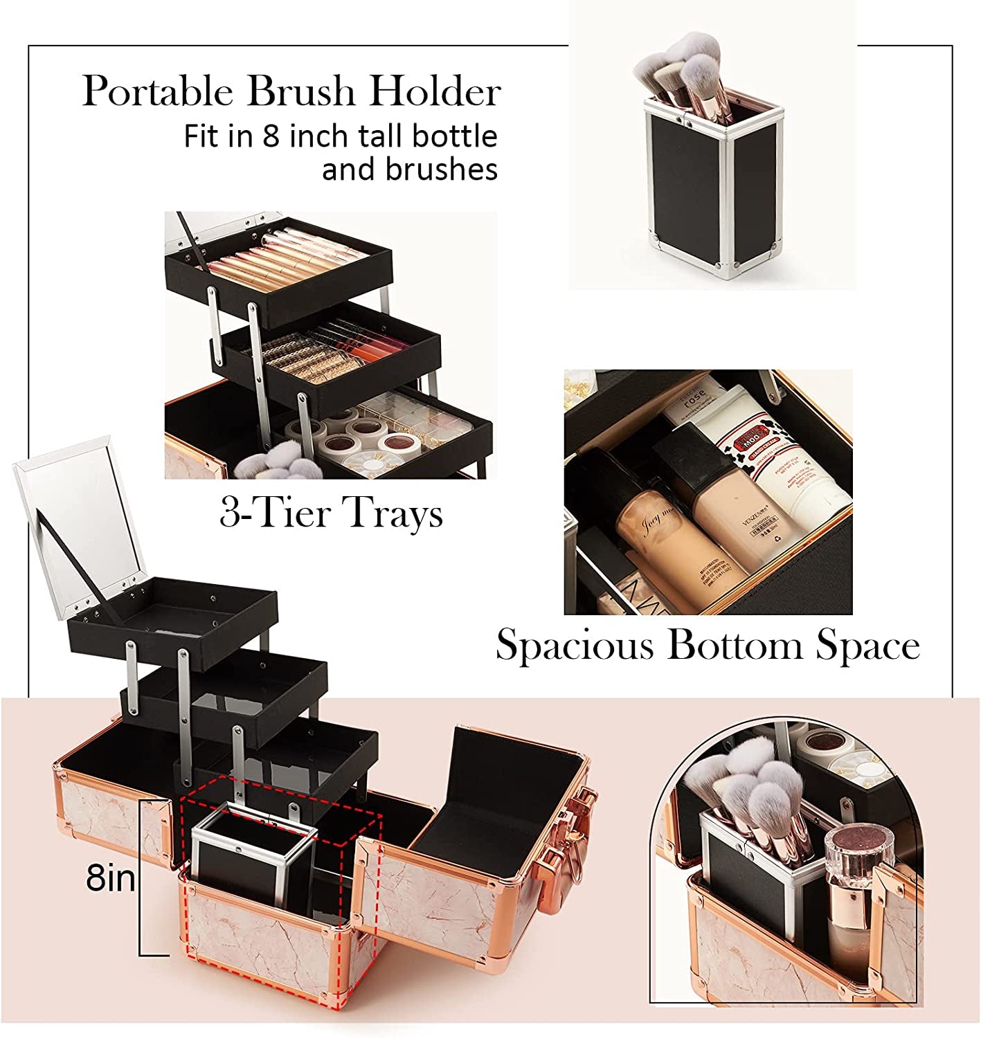 Costravio Makeup Train Case Rose Gold Cosmetic Box with Mirror & Brush Holder Home or Travel Organizer for Make-Up and Jewelry Storage Box with 3-Tier Tackle Trays Portable Lockable Golden Marble