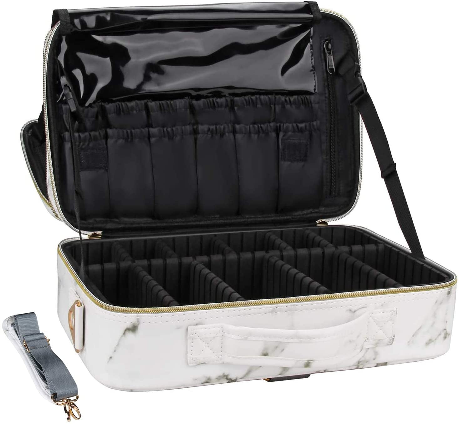 Makeup Train Case Travel Makeup Bag for Women Cosmetic, Relavel Professional Makeup Organizer Bags Make up Artist Storage Box, Portable Makeup Brush Holder with Adjustable Dividers and Strap