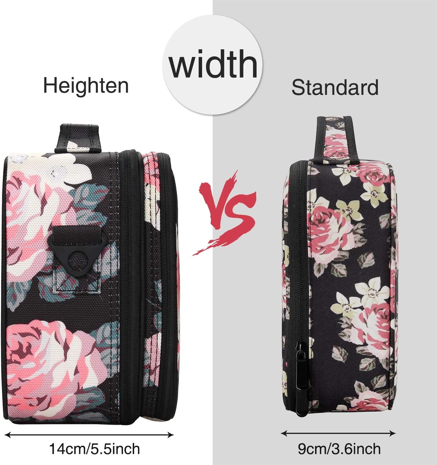 Relavel Travel Makeup Bag 2 Layer Heighten Makeup Train Case Cosmetic Storage and Organizer Box Portable Makeup Carrying Case with Shoulder Strap and Adjustable Dividers (Peony Pattern)