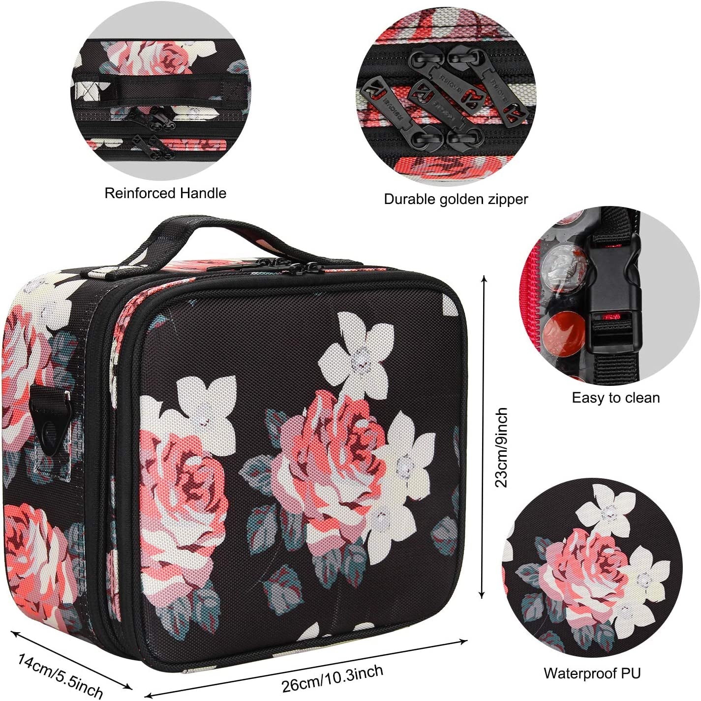 Relavel Travel Makeup Bag 2 Layer Heighten Makeup Train Case Cosmetic Storage and Organizer Box Portable Makeup Carrying Case with Shoulder Strap and Adjustable Dividers (Peony Pattern)