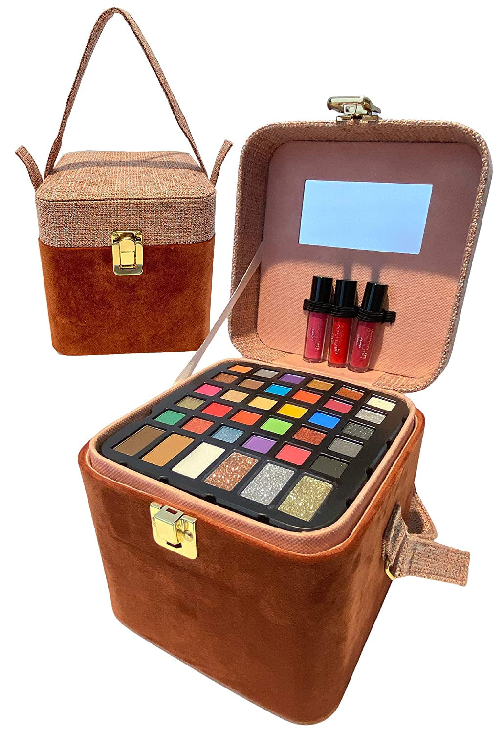 BR Carry All Trunk Train Case with Makeup and Reusable Case Makeup Gift Set (Pink-Neutral Tone)