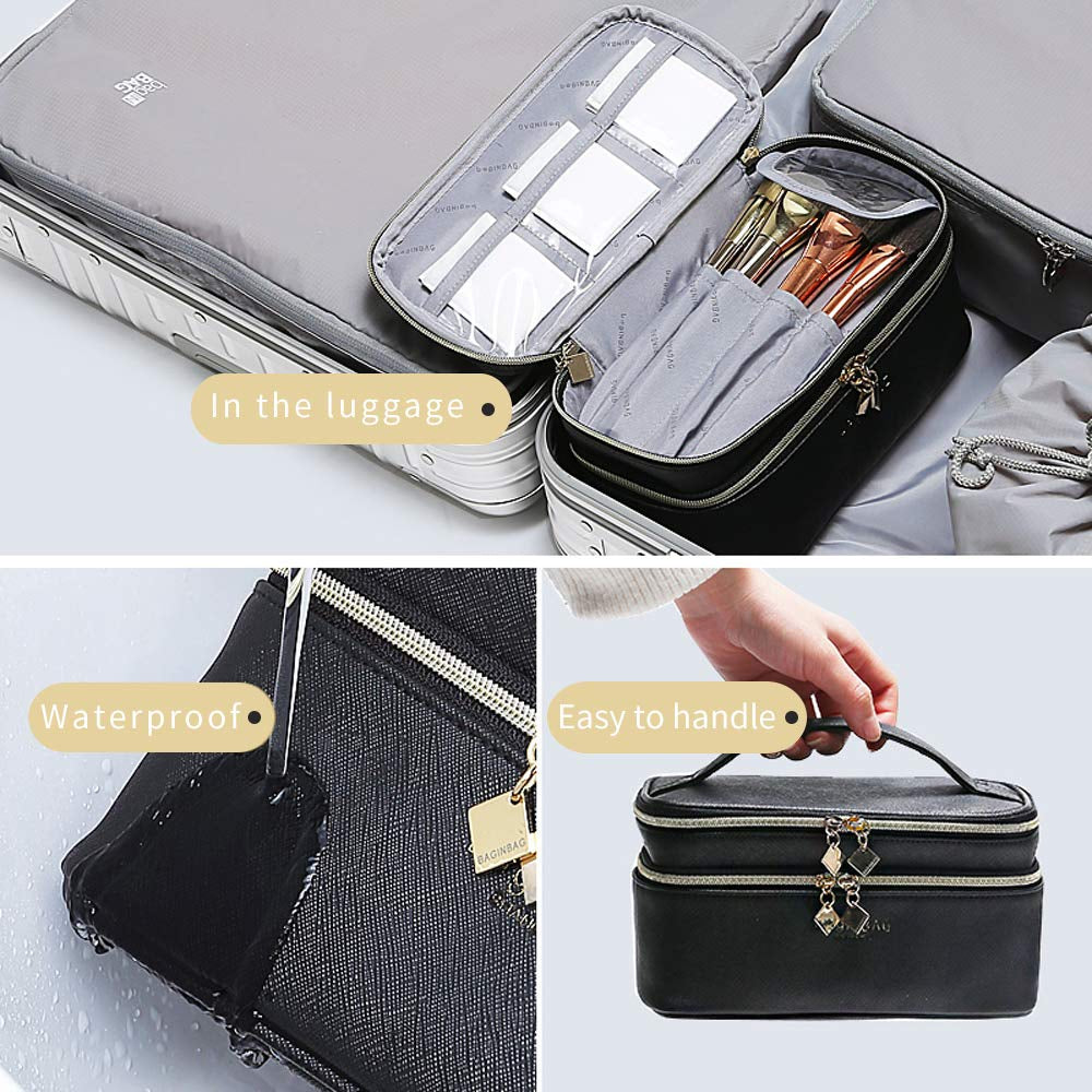 In. Multifunction Dual Compartment Portable Waterproof Cosmetic Bag Travel Makeup Case with Handle -Two Storage Compartments Space Fits ALL Your Makeup and Lipstick Train Case for Womens