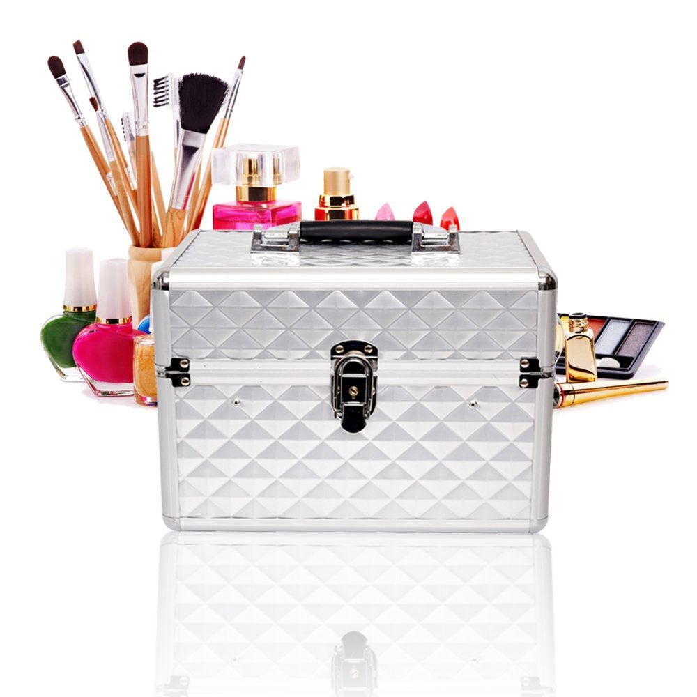 Dporticus Professional Makeup Train Case with 6 Sliding Trays Portable Cosmetic Box Storage Organizer Aluminum Design