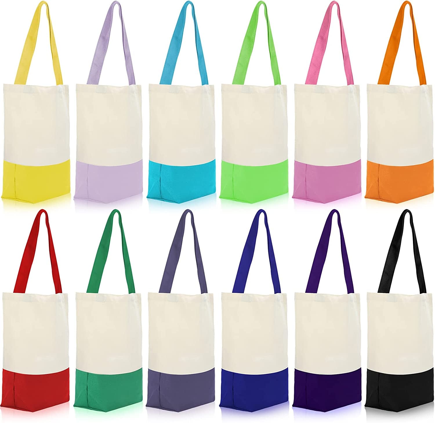 Epakh 12 Pack Canvas Tote Bags 17 X 14 X 4 Inches Cotton Grocery Reusable Shopping Bags with Long Handles for Women Men Kitchen Beach DIY Crafting Multipurpose Totes Set, 12 Colors, Ordinary Style