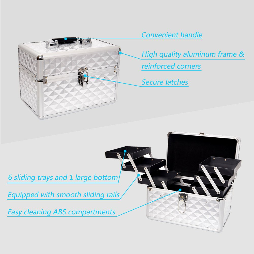 Dporticus Professional Makeup Train Case with 6 Sliding Trays Portable Cosmetic Box Storage Organizer Aluminum Design
