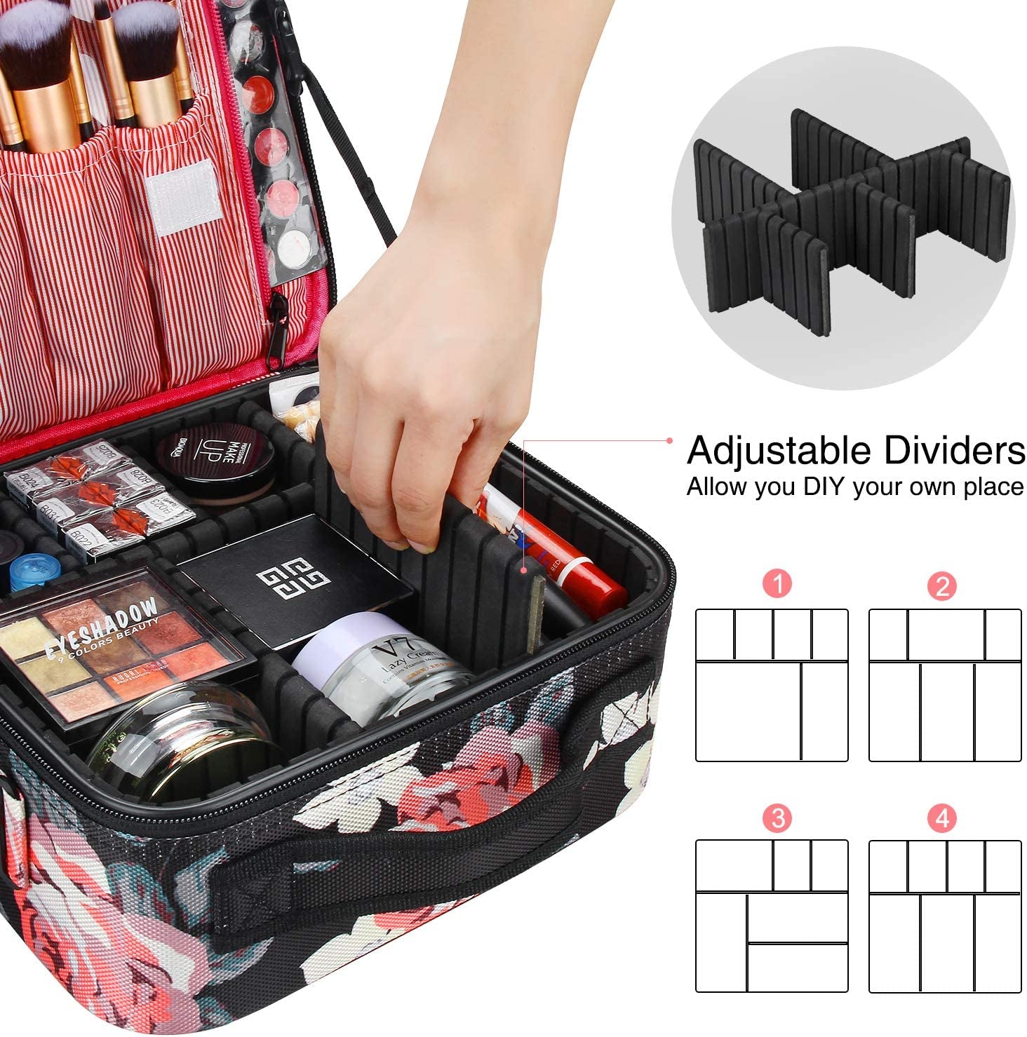 Relavel Travel Makeup Bag 2 Layer Heighten Makeup Train Case Cosmetic Storage and Organizer Box Portable Makeup Carrying Case with Shoulder Strap and Adjustable Dividers (Peony Pattern)