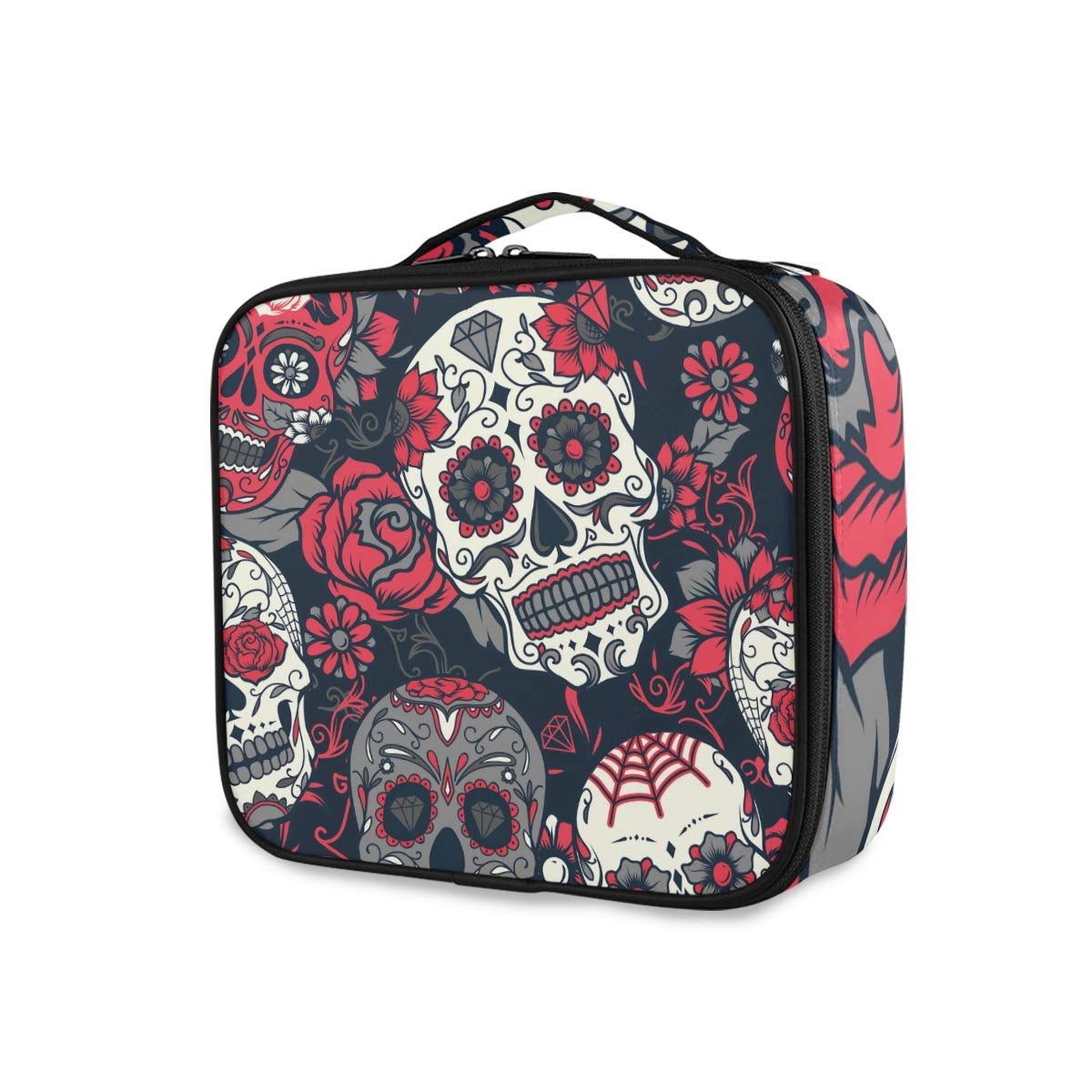 ALAZA Day of the Dead Colorful Sugar Skull with Floral Travel Makeup Train Case Jewelry Travel Organizer for Boys Girls