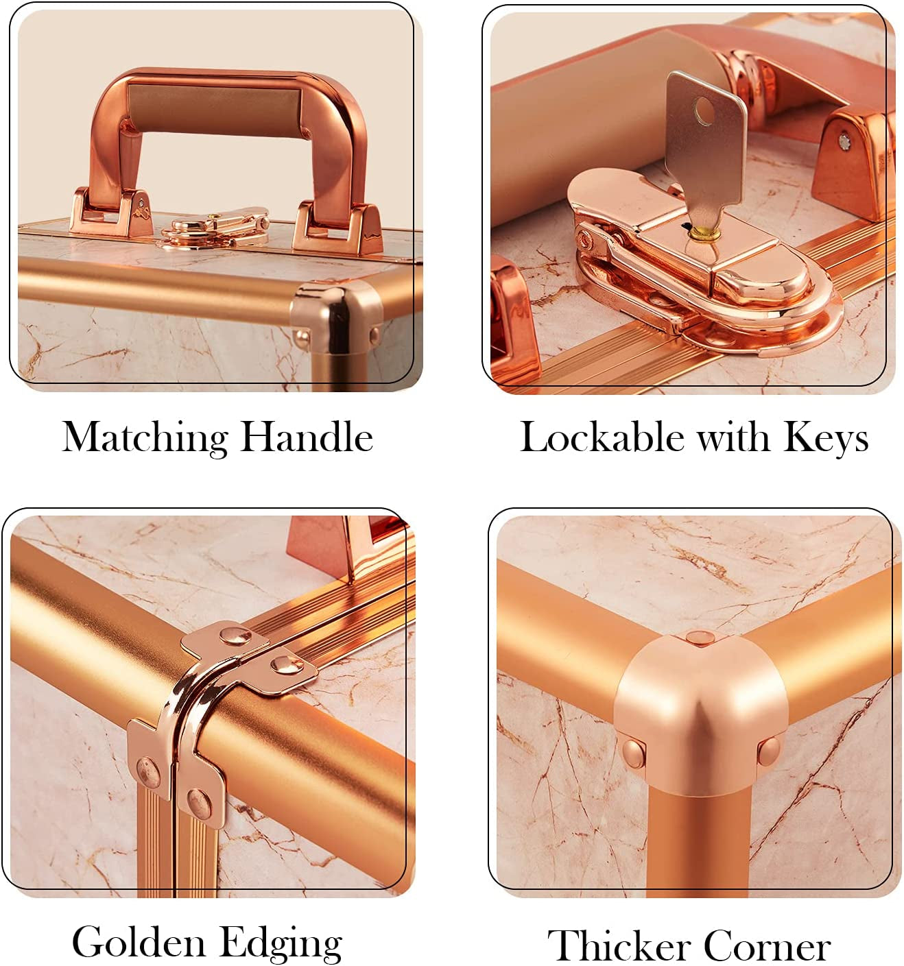 Costravio Makeup Train Case Rose Gold Cosmetic Box with Mirror & Brush Holder Home or Travel Organizer for Make-Up and Jewelry Storage Box with 3-Tier Tackle Trays Portable Lockable Golden Marble
