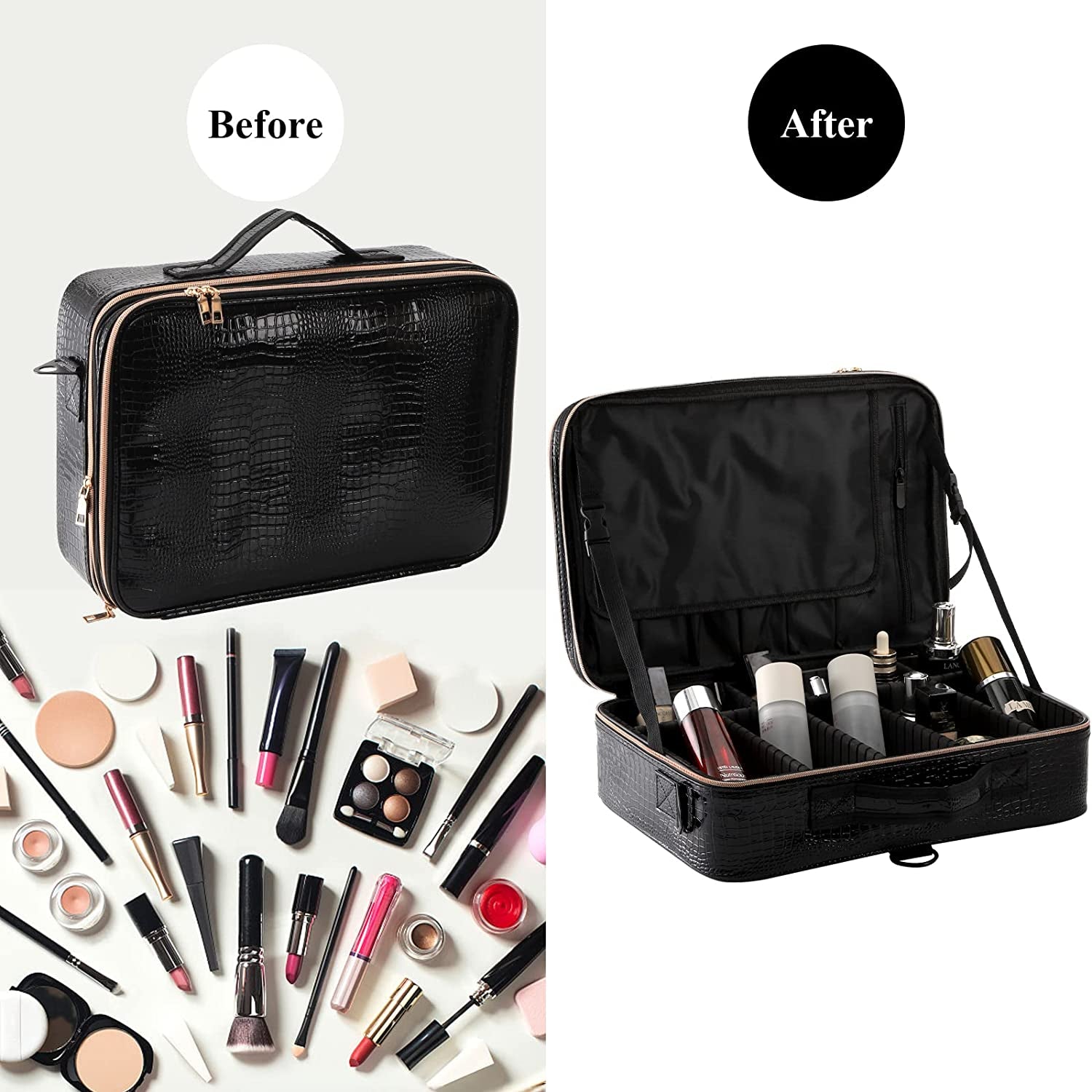 DEAYOU 3-Layer Large Travel Makeup Bag, Professional Cosmetic Bag Make up Train Case, 15.7