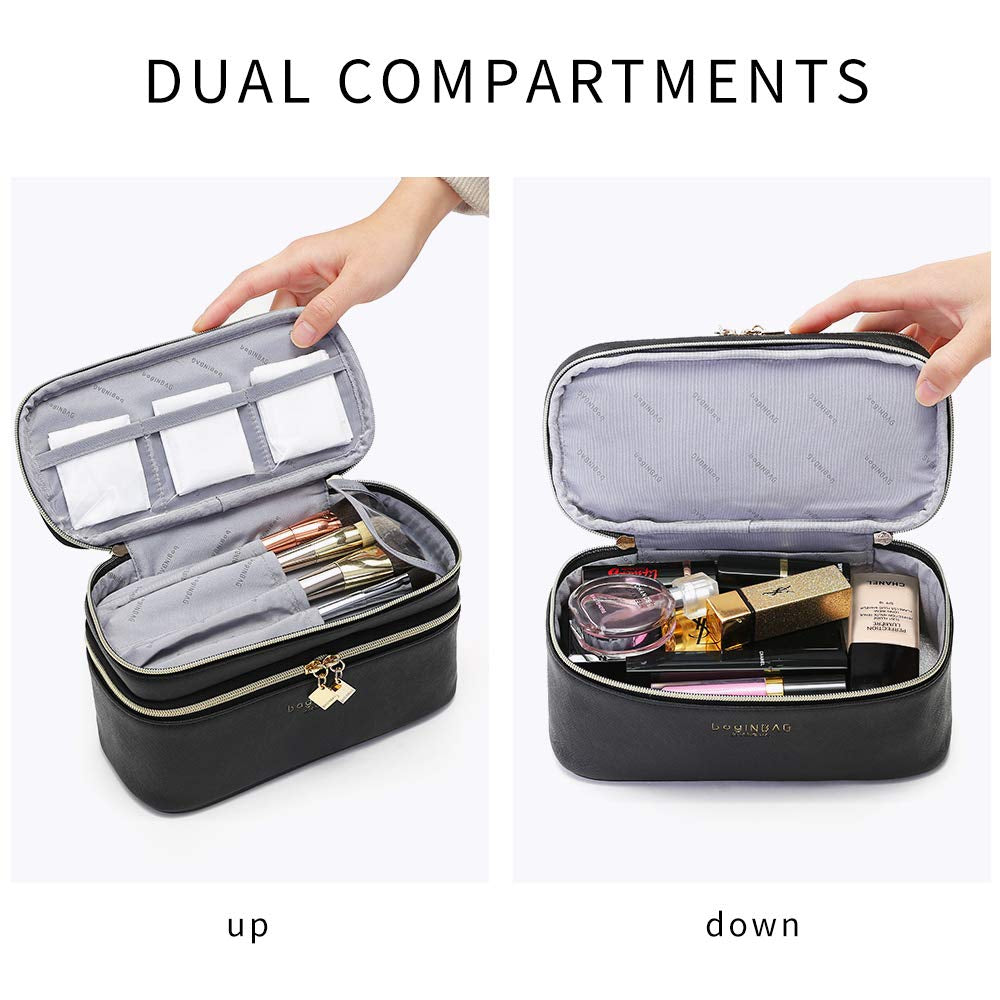 In. Multifunction Dual Compartment Portable Waterproof Cosmetic Bag Travel Makeup Case with Handle -Two Storage Compartments Space Fits ALL Your Makeup and Lipstick Train Case for Womens