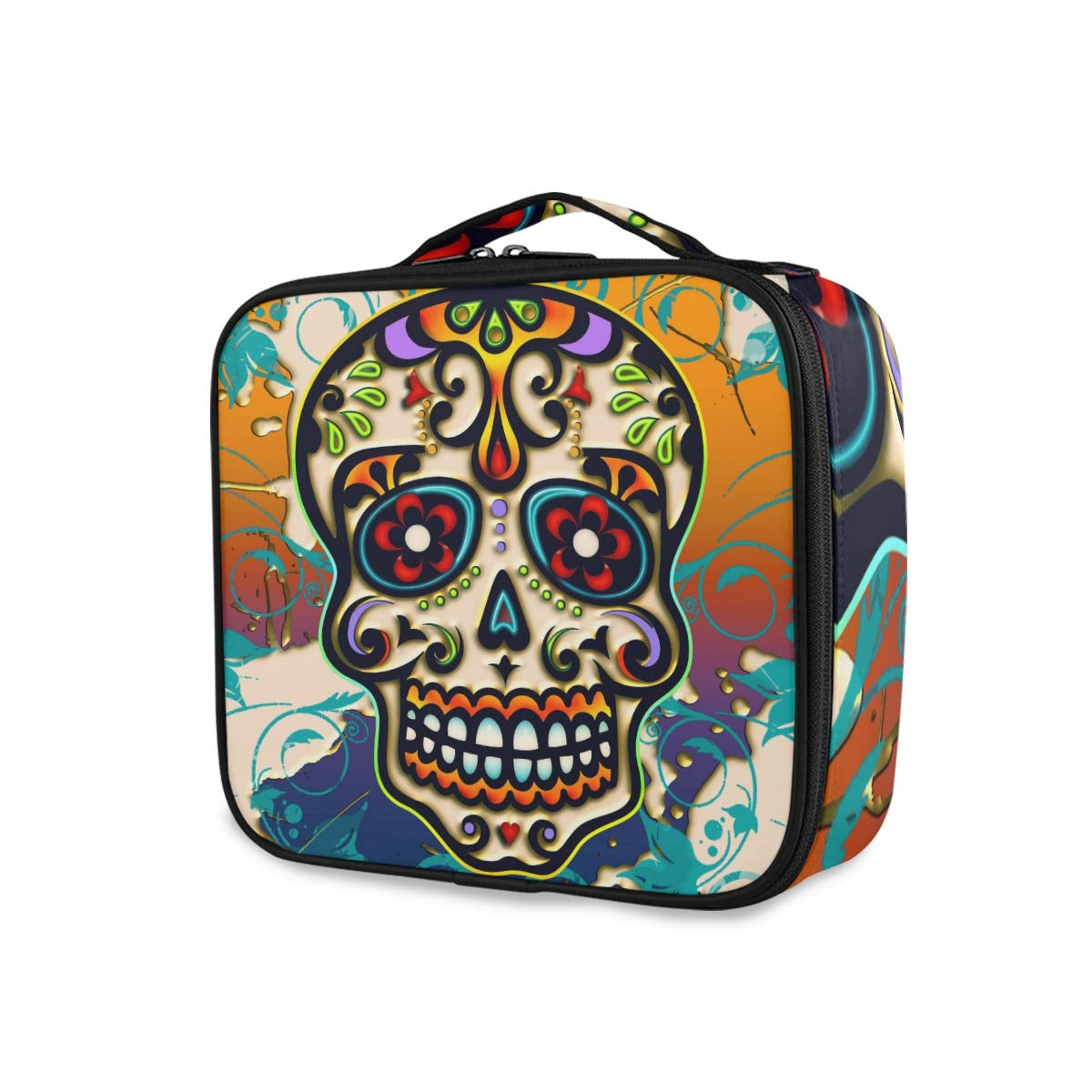 ALAZA Day of the Dead Colorful Sugar Skull with Floral Travel Makeup Train Case Jewelry Travel Organizer for Boys Girls