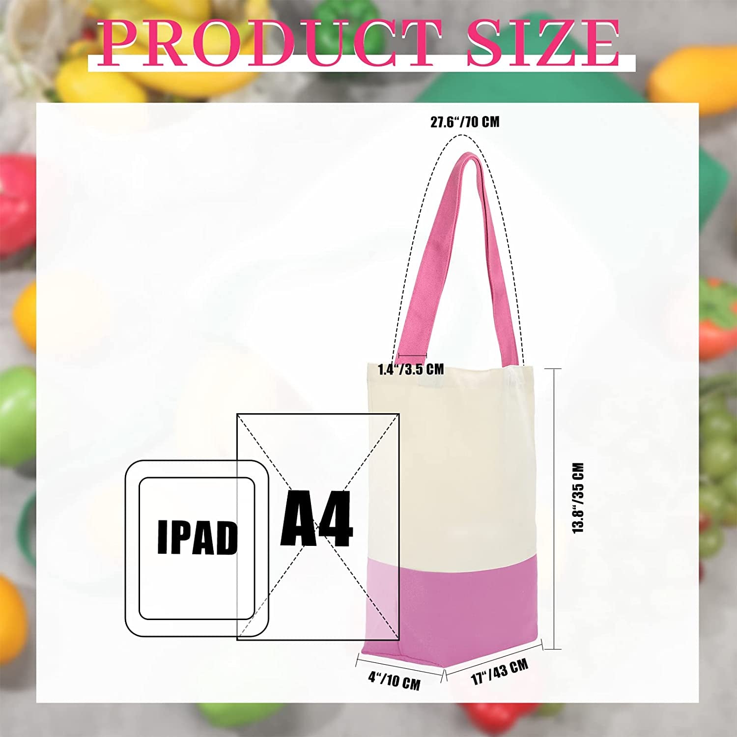 Epakh 12 Pack Canvas Tote Bags 17 X 14 X 4 Inches Cotton Grocery Reusable Shopping Bags with Long Handles for Women Men Kitchen Beach DIY Crafting Multipurpose Totes Set, 12 Colors, Ordinary Style