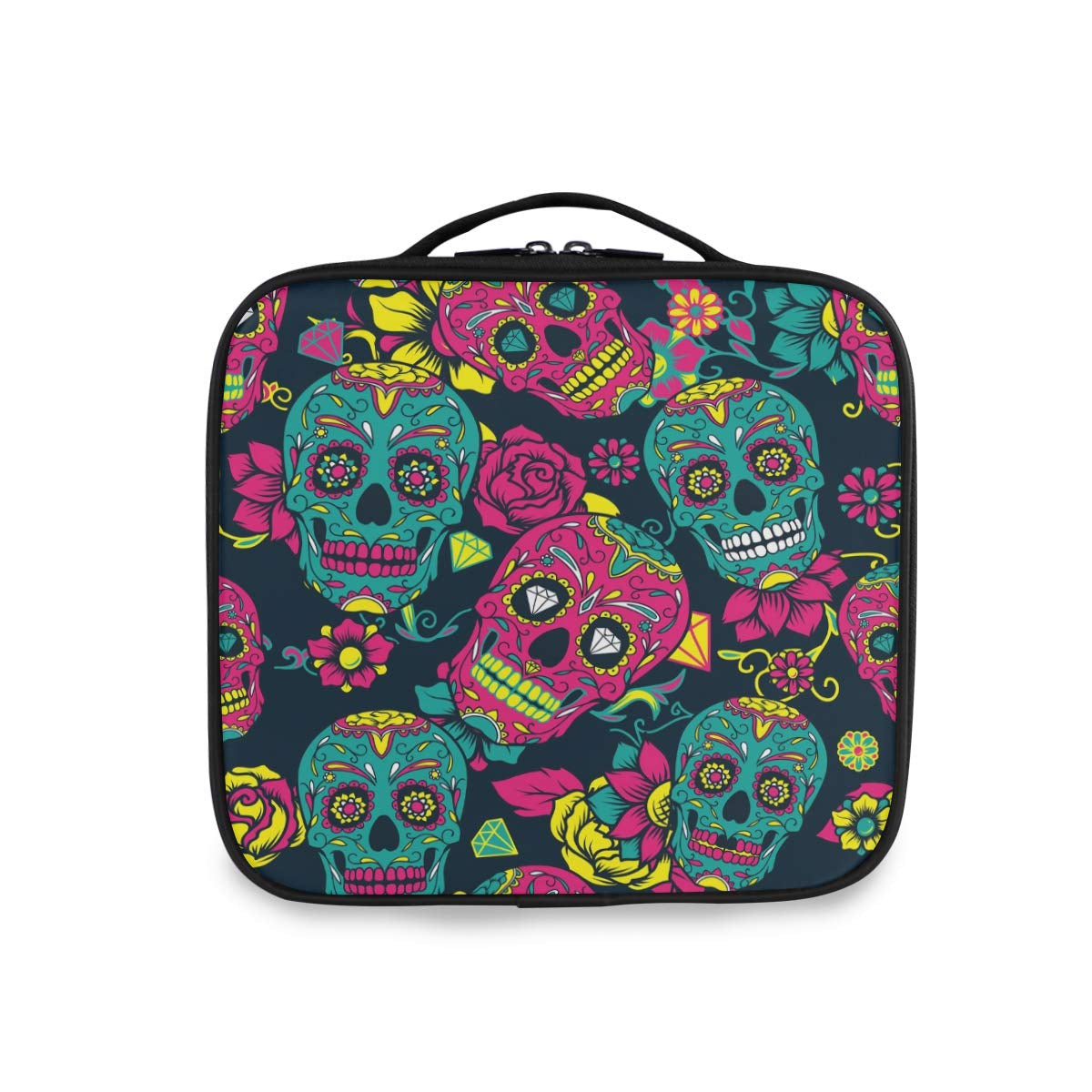 ALAZA Day of the Dead Colorful Sugar Skull with Floral Travel Makeup Train Case Jewelry Travel Organizer for Boys Girls