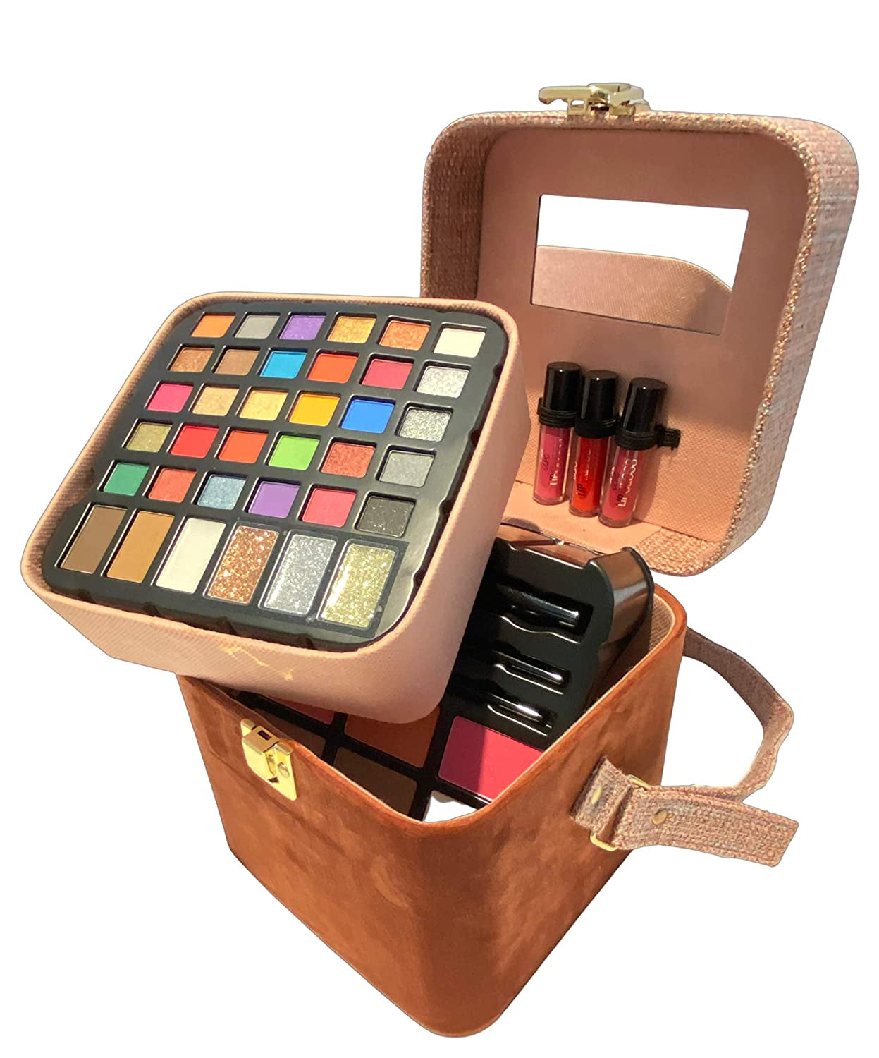 BR Carry All Trunk Train Case with Makeup and Reusable Case Makeup Gift Set (Pink-Neutral Tone)