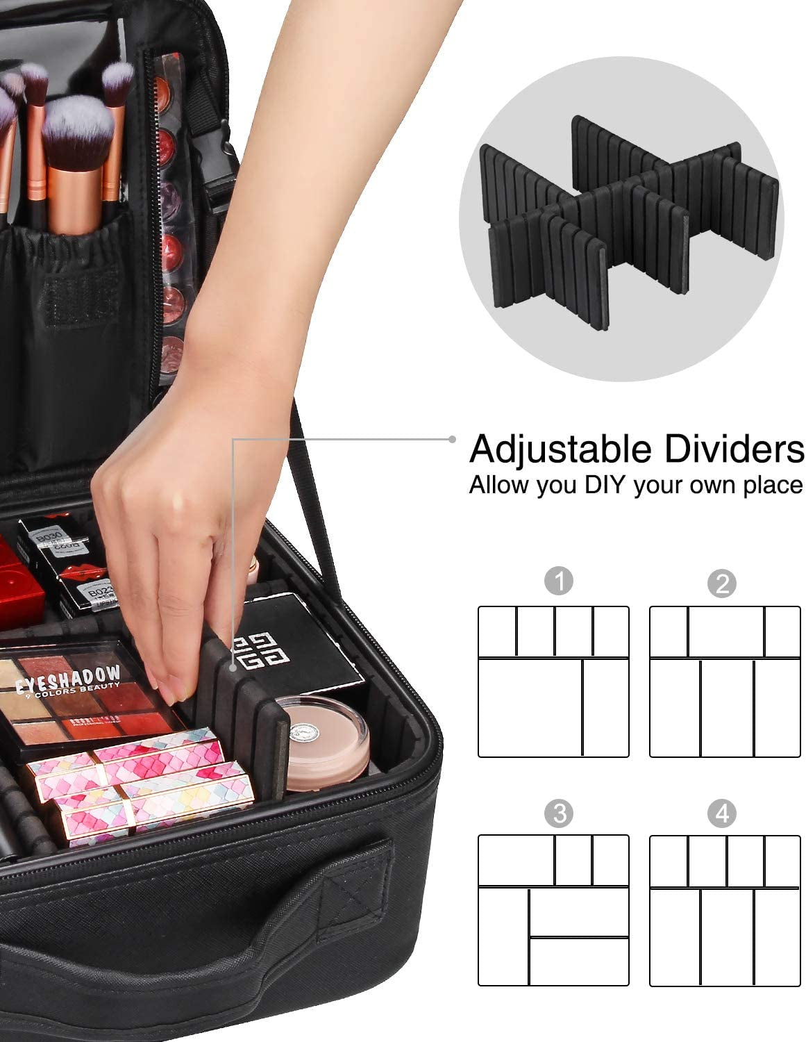 Relavel Makeup Organizer Bag, Makeup Case Leather Travel Makeup Bag 2 Layers Train Case Large Cosmetic Case Portable with Adjustable Dividers Makeup Brushes Holder Storage Box (Small Black)