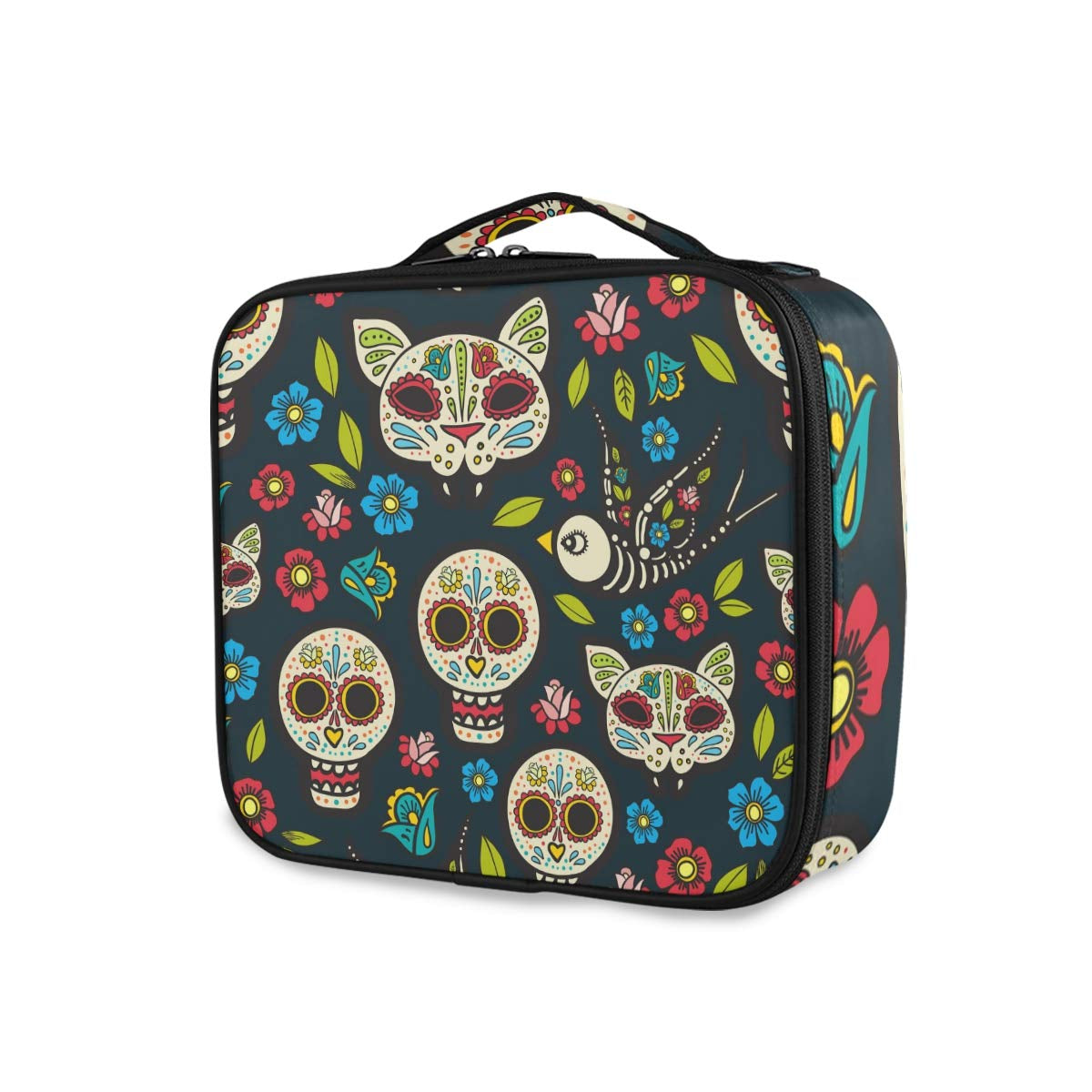 ALAZA Day of the Dead Colorful Sugar Skull with Floral Travel Makeup Train Case Jewelry Travel Organizer for Boys Girls