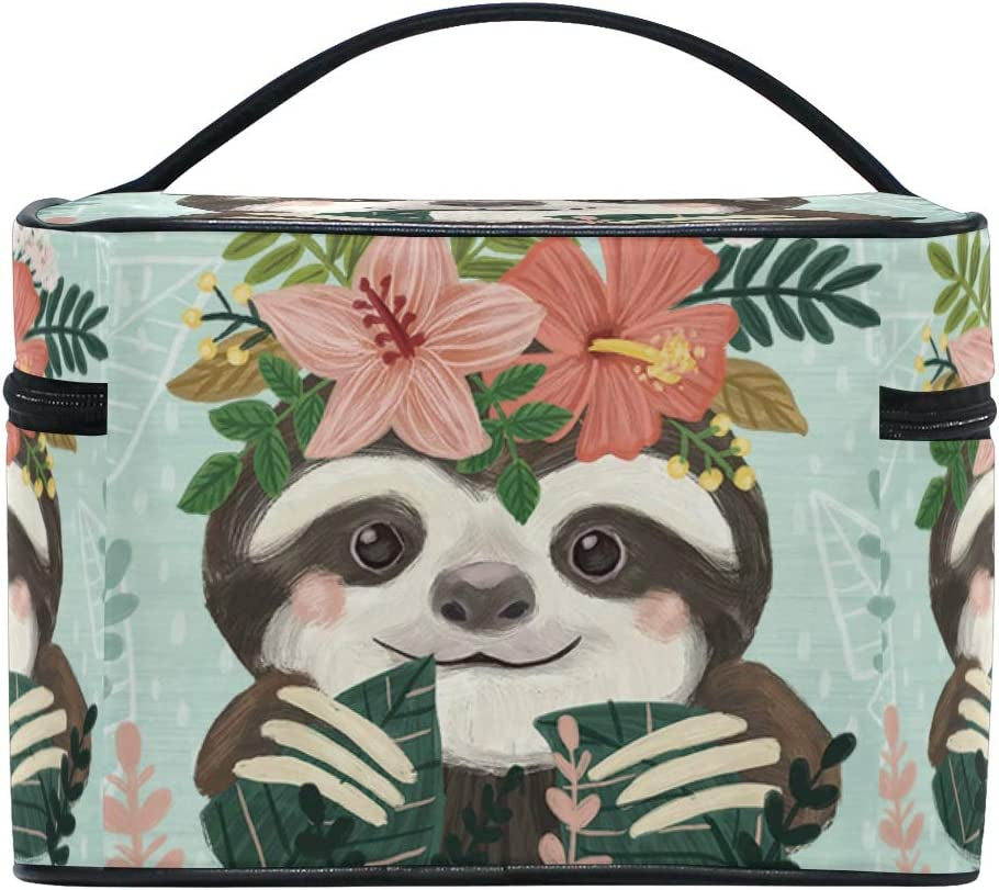 Daisy Flower Sloth Makeup Bag for Women Cosmetic Bag Toiletry Train Case