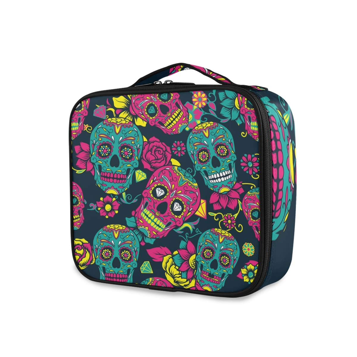 ALAZA Day of the Dead Colorful Sugar Skull with Floral Travel Makeup Train Case Jewelry Travel Organizer for Boys Girls