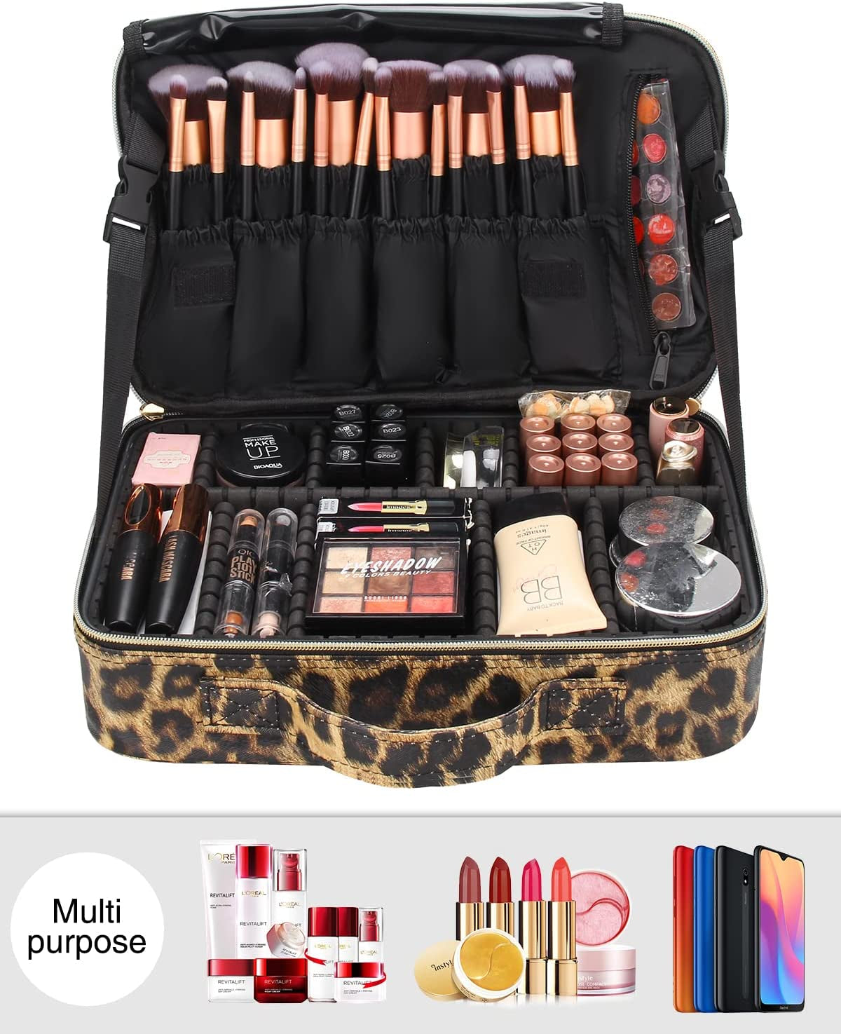 Makeup Train Case Travel Makeup Bag for Women Cosmetic, Relavel Professional Makeup Organizer Bags Make up Artist Storage Box, Portable Makeup Brush Holder with Adjustable Dividers and Strap