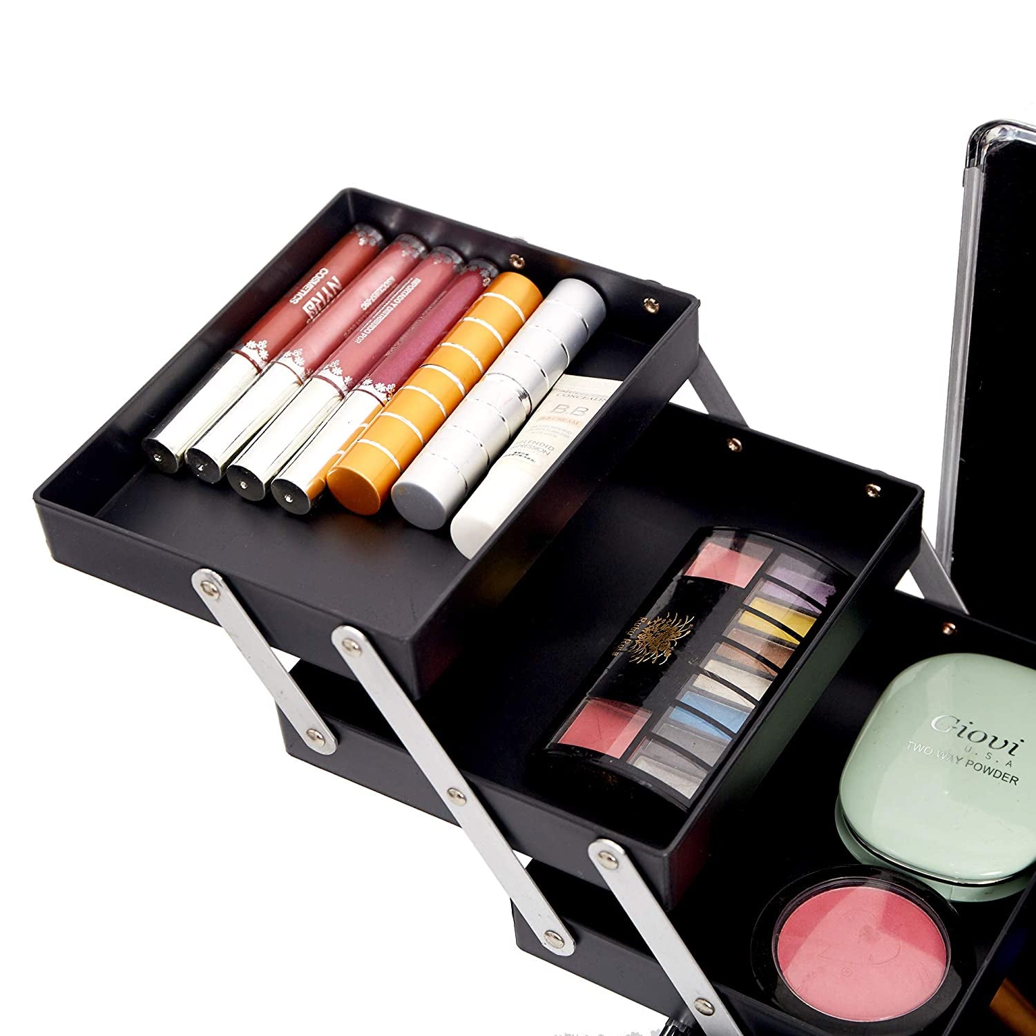 Dporticus Professional Makeup Train Case with 6 Sliding Trays Portable Cosmetic Box Storage Organizer Aluminum Design