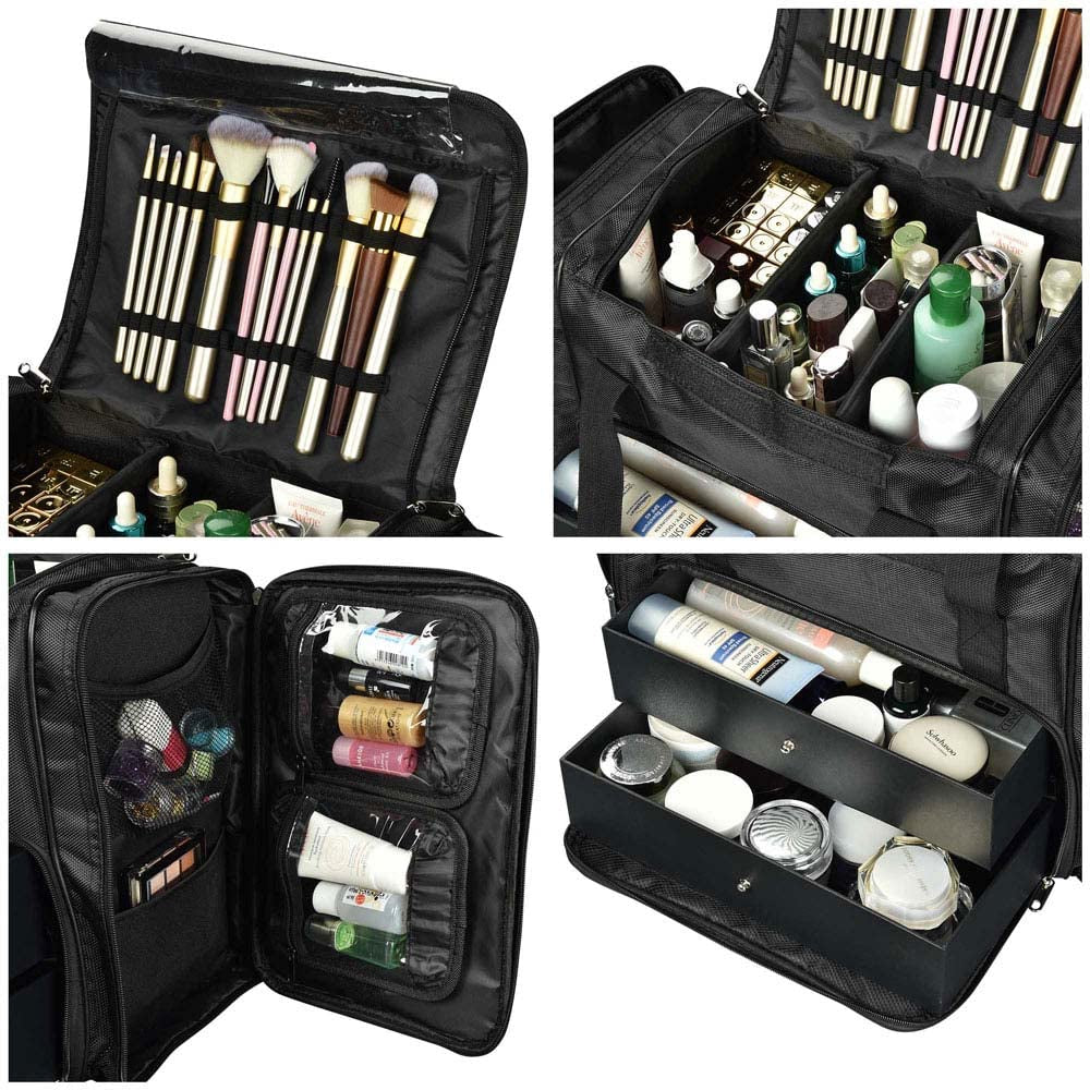 BYOOTIQUE 1200D Oxford Pro Black Soft Makeup Train Bag Case Pockets 17X9X13 Artist Cosmetic Organizer Box Travel Fishing Outdoor