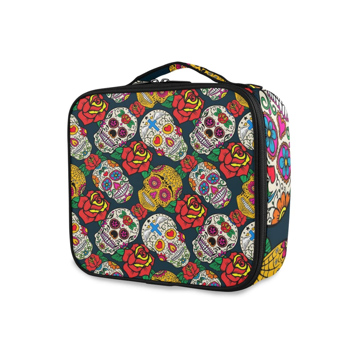 ALAZA Day of the Dead Colorful Sugar Skull with Floral Travel Makeup Train Case Jewelry Travel Organizer for Boys Girls