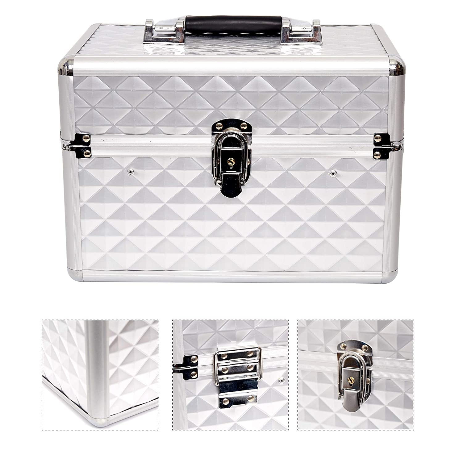 Dporticus Professional Makeup Train Case with 6 Sliding Trays Portable Cosmetic Box Storage Organizer Aluminum Design