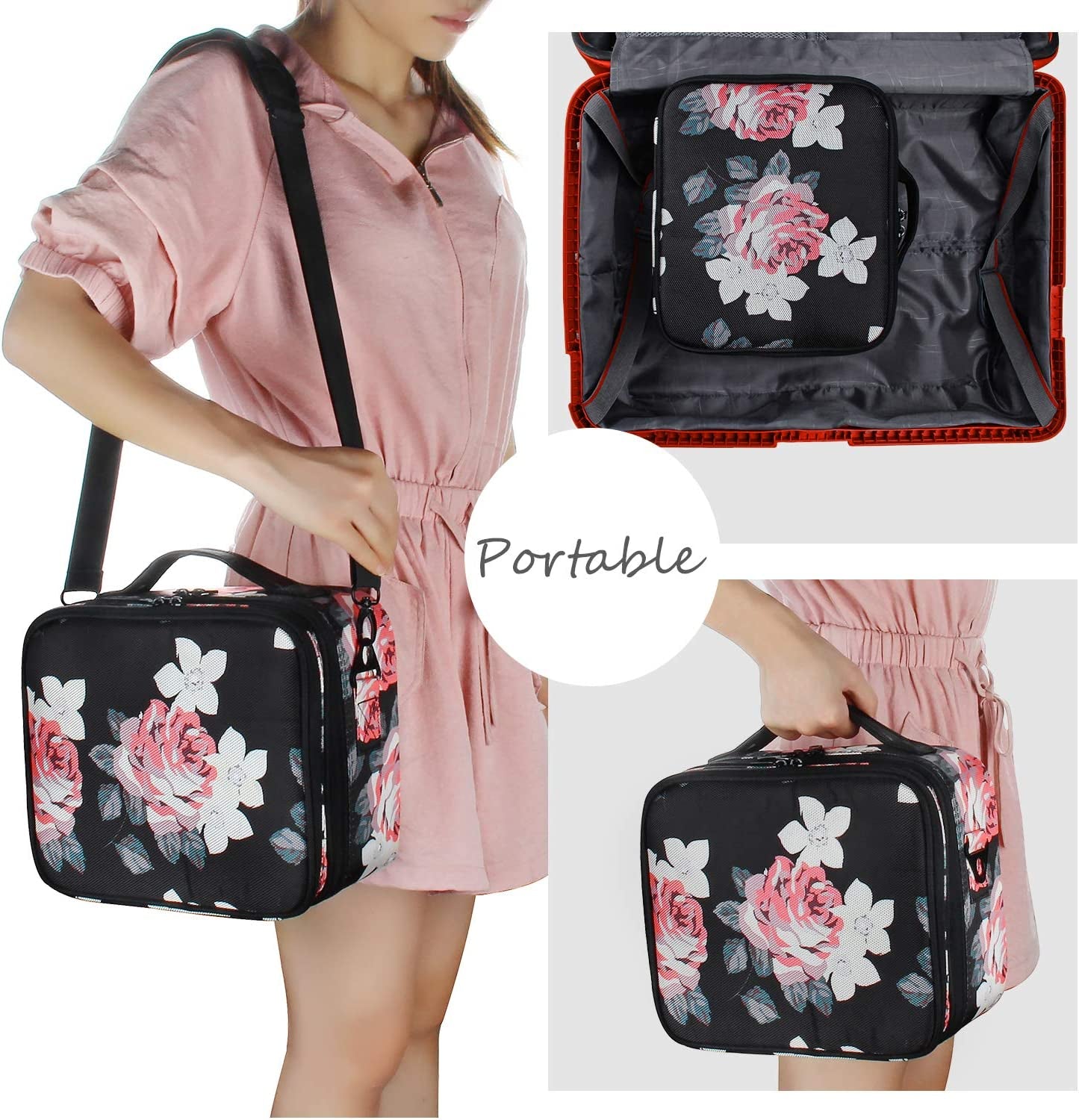 Relavel Travel Makeup Bag 2 Layer Heighten Makeup Train Case Cosmetic Storage and Organizer Box Portable Makeup Carrying Case with Shoulder Strap and Adjustable Dividers (Peony Pattern)