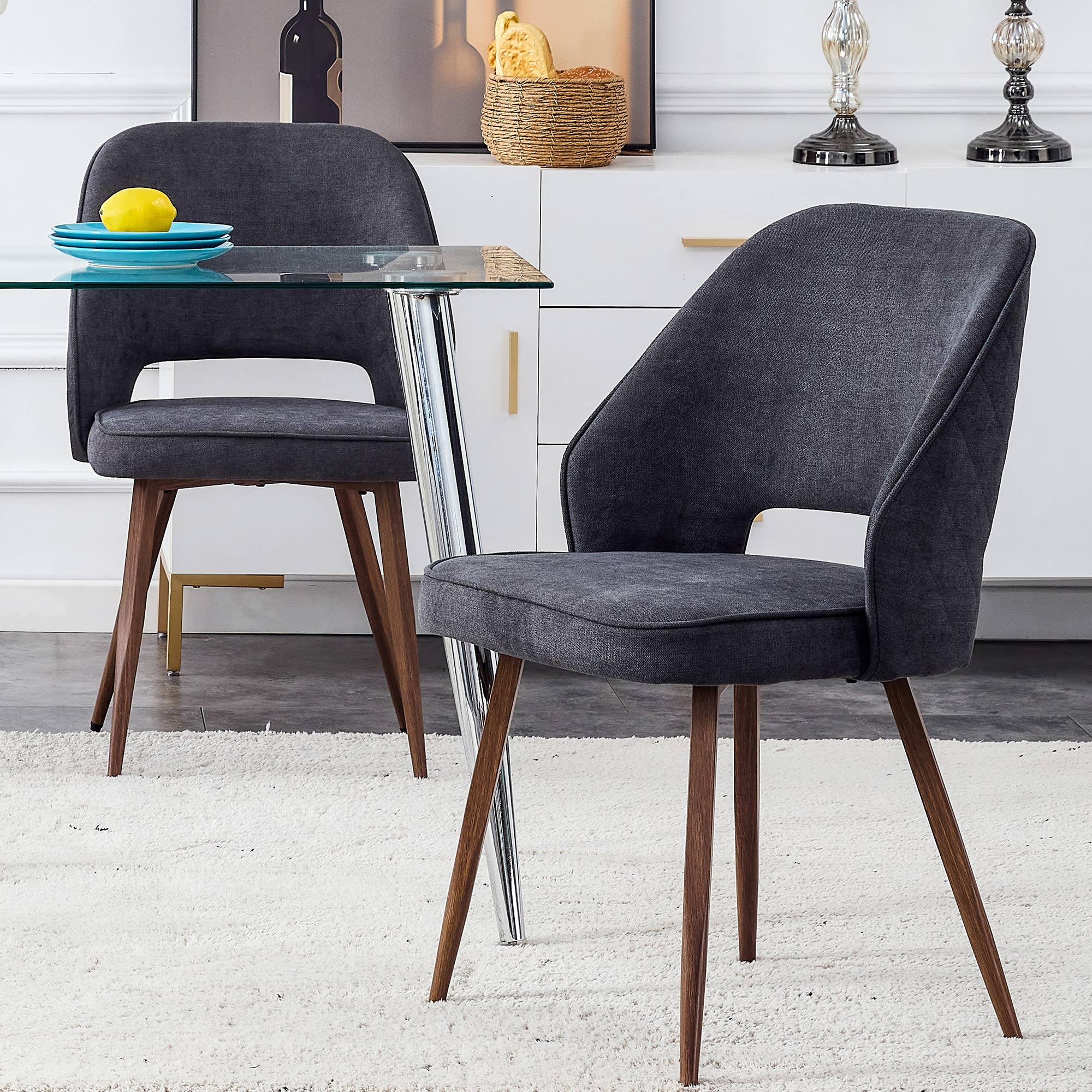 Set of 4 Modern Designed Accent Chair Upholstered Linen Side Chair with Wooden Legs- Dark Gray