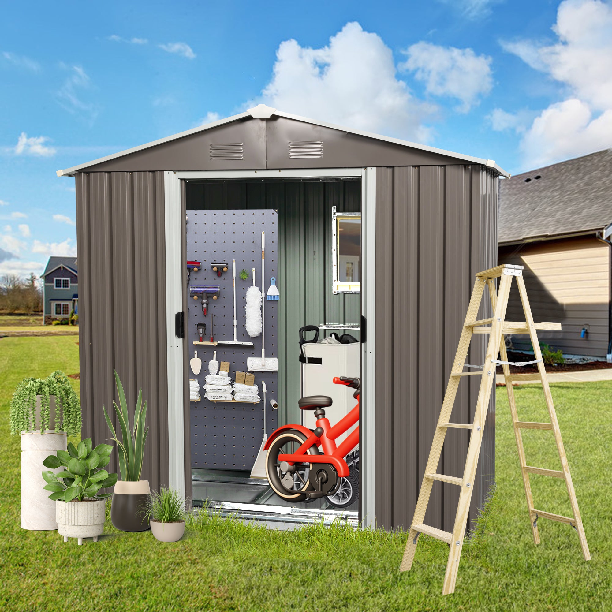 8ft x 4ft  Outdoor Metal Storage Shed with Aluminum Frame and Window- Gray