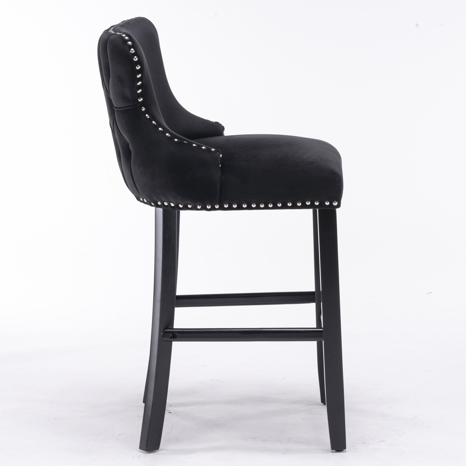 2pcs Chrome Accent Wingback Bar Stools Tufted Velvet with Nailhead and Black Legs- Full Black