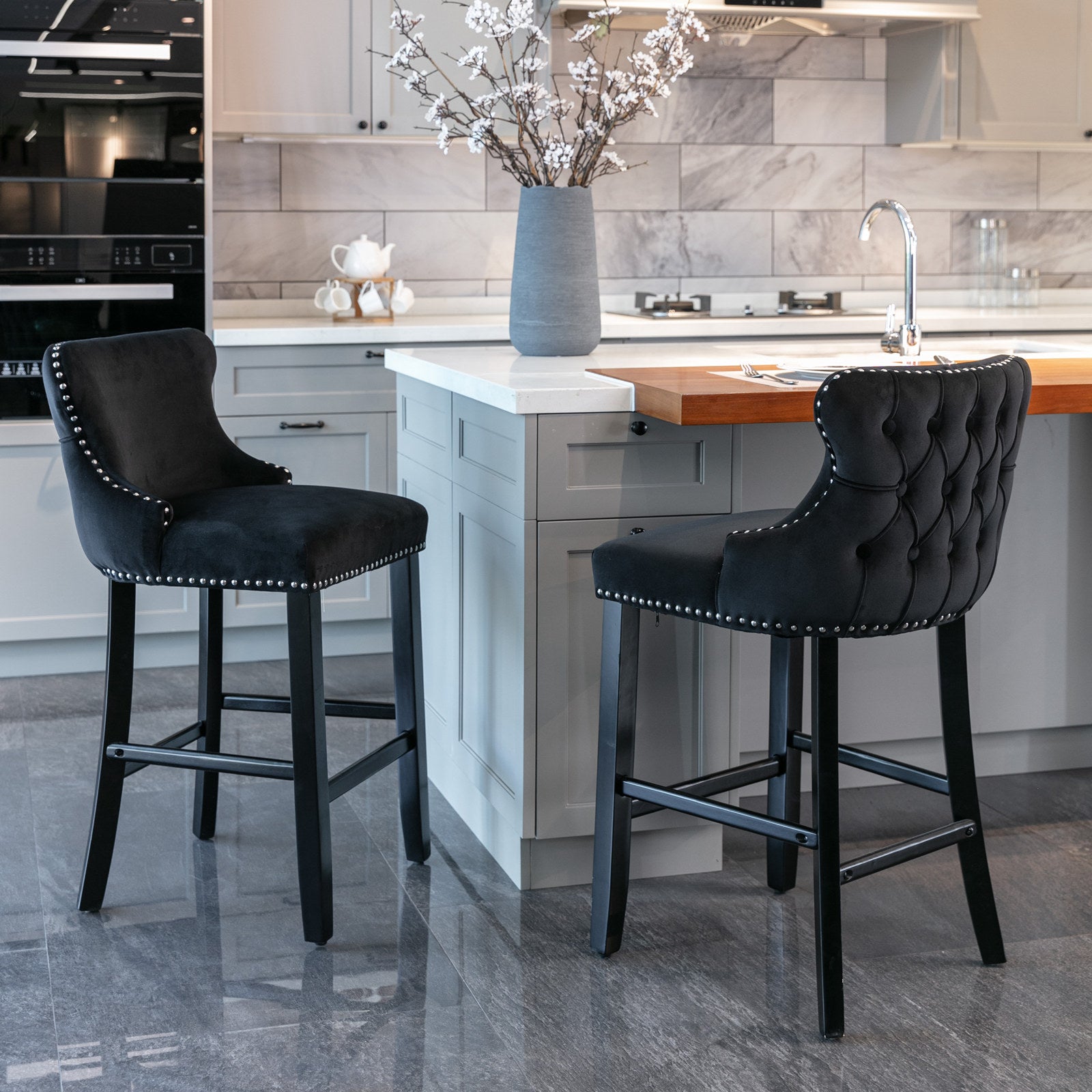 2pcs Chrome Accent Wingback Bar Stools Tufted Velvet with Nailhead and Black Legs- Full Black